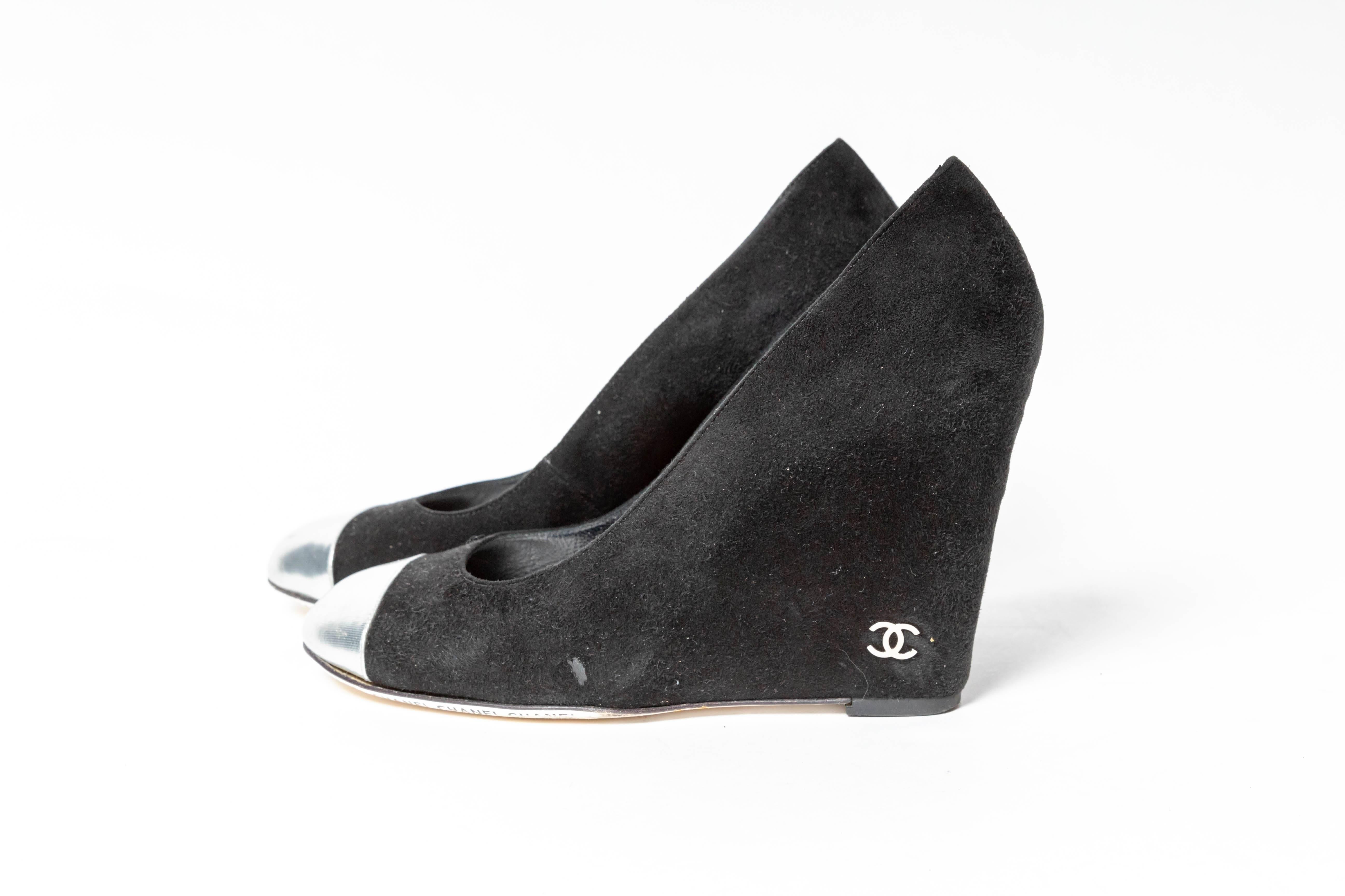 Chanel Silver and Black Suede Wedges - Size 37.5 / 7.5 1