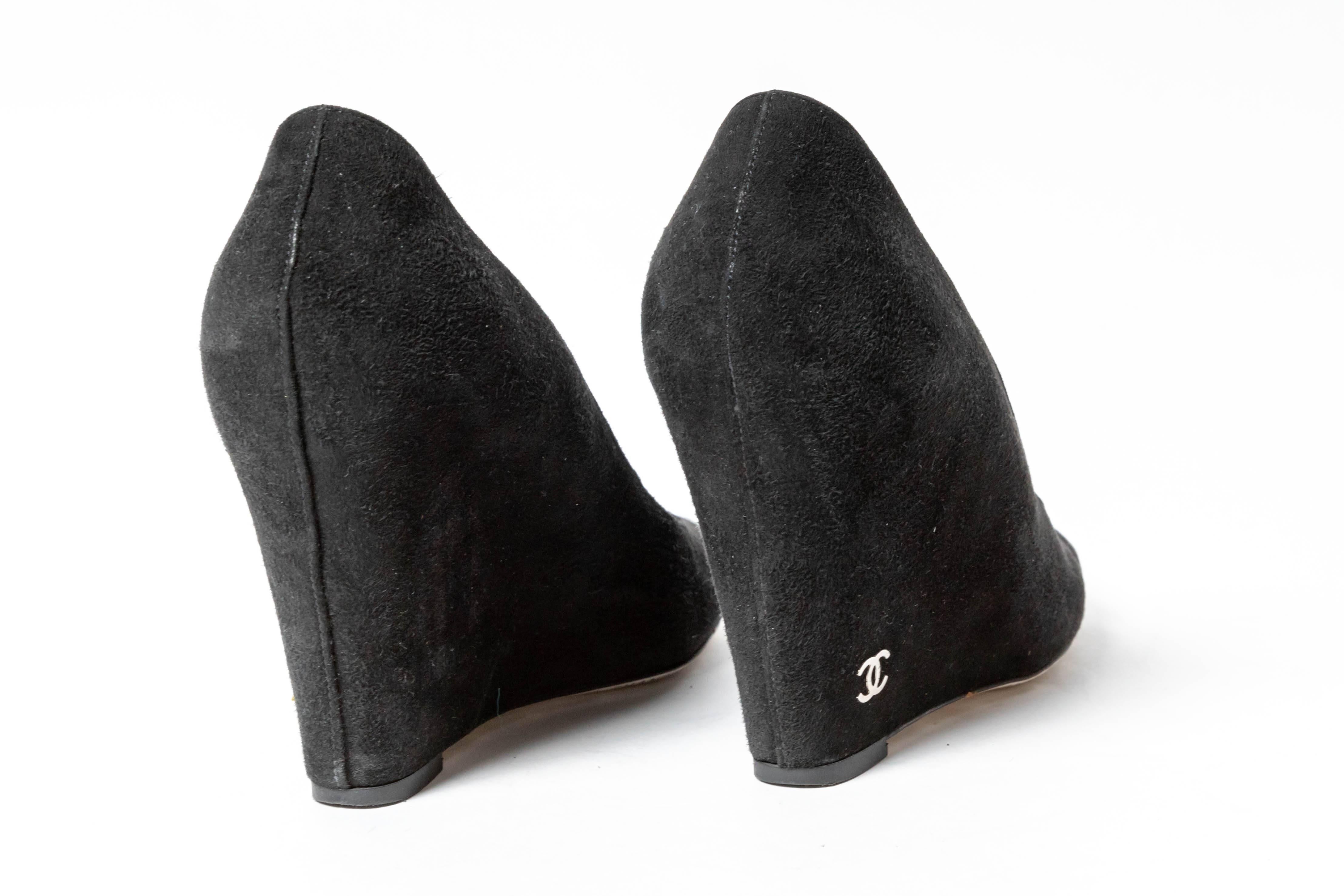 Chanel Silver and Black Suede Wedges - Size 37.5 / 7.5 2