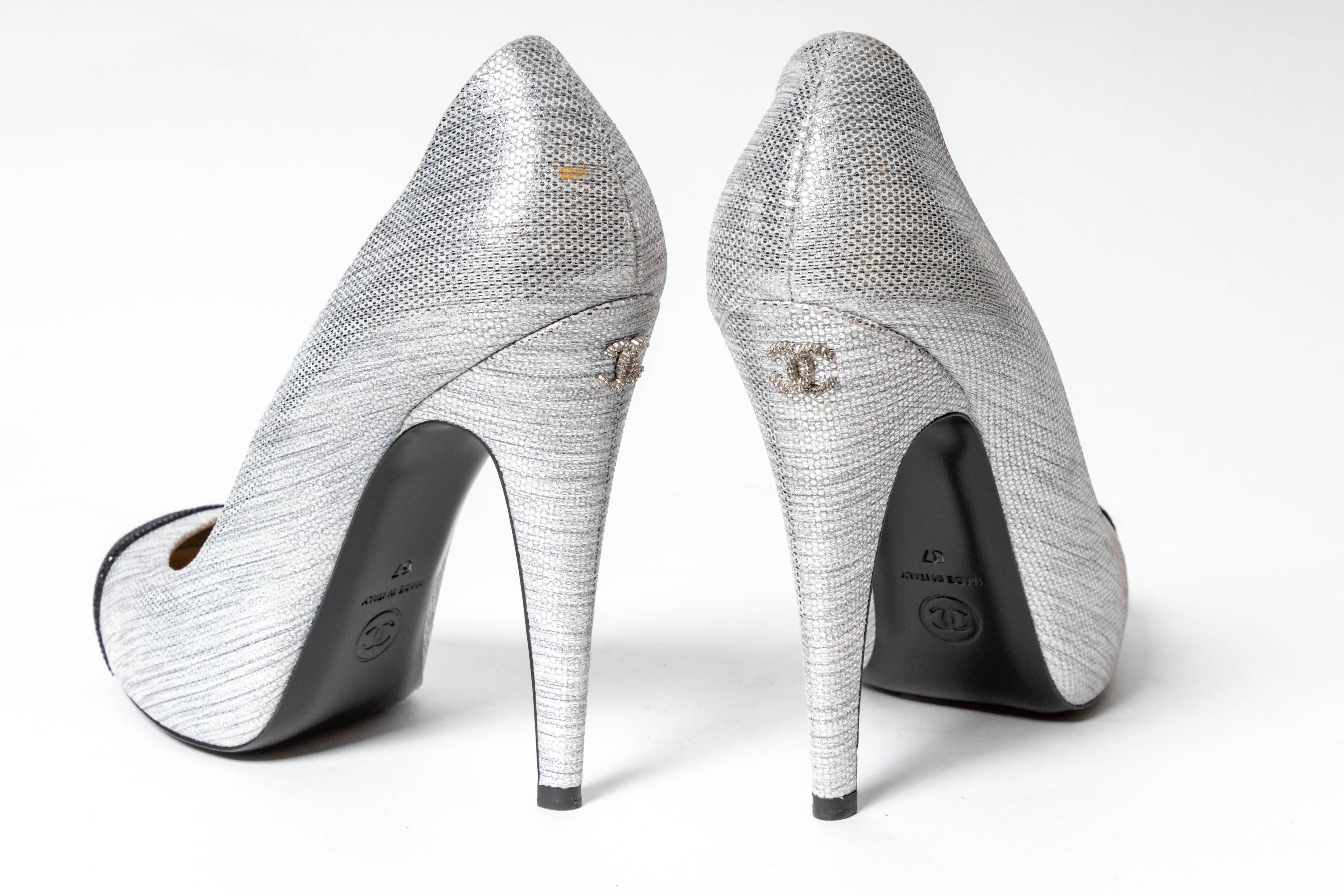 Women's Chanel Silver Silk Black Cap Toe Pumps - Size 37