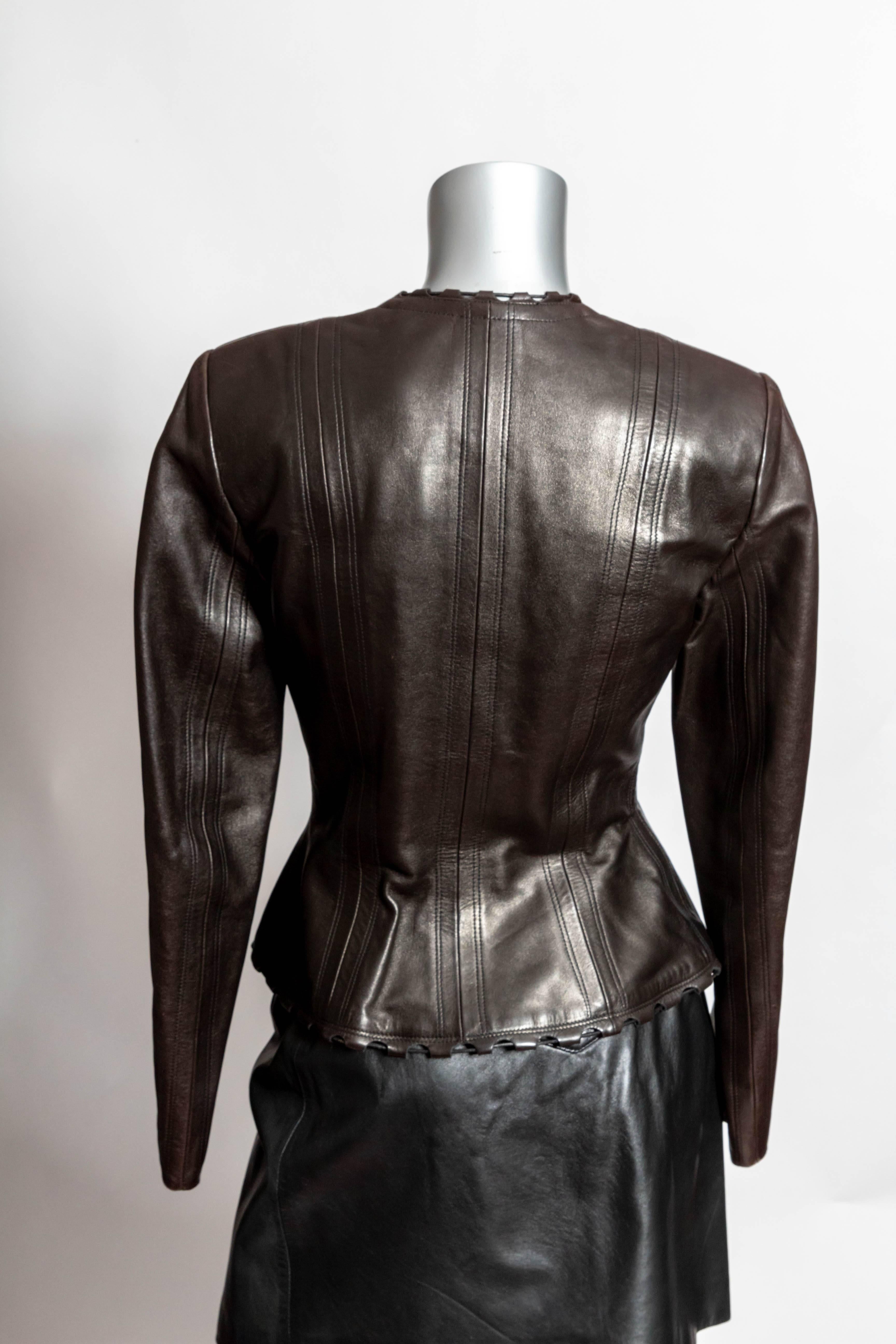 Black Azzedine Alaia Vintage Brown Leather Jacket with Zip Closure - 40 / XS