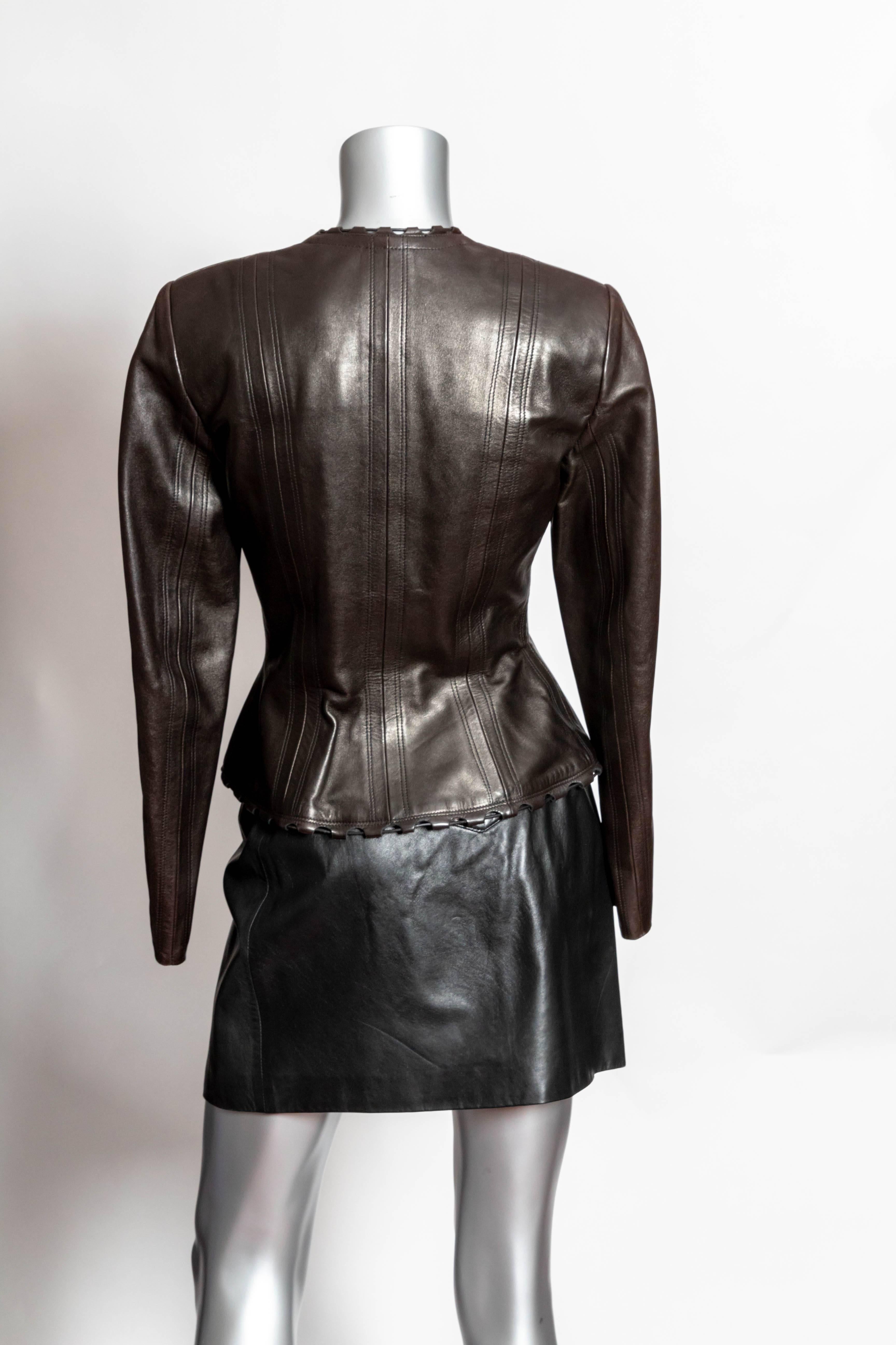 Azzedine Alaia Vintage Brown Leather Jacket with Zip Closure - 40 / XS In Excellent Condition In Westhampton Beach, NY