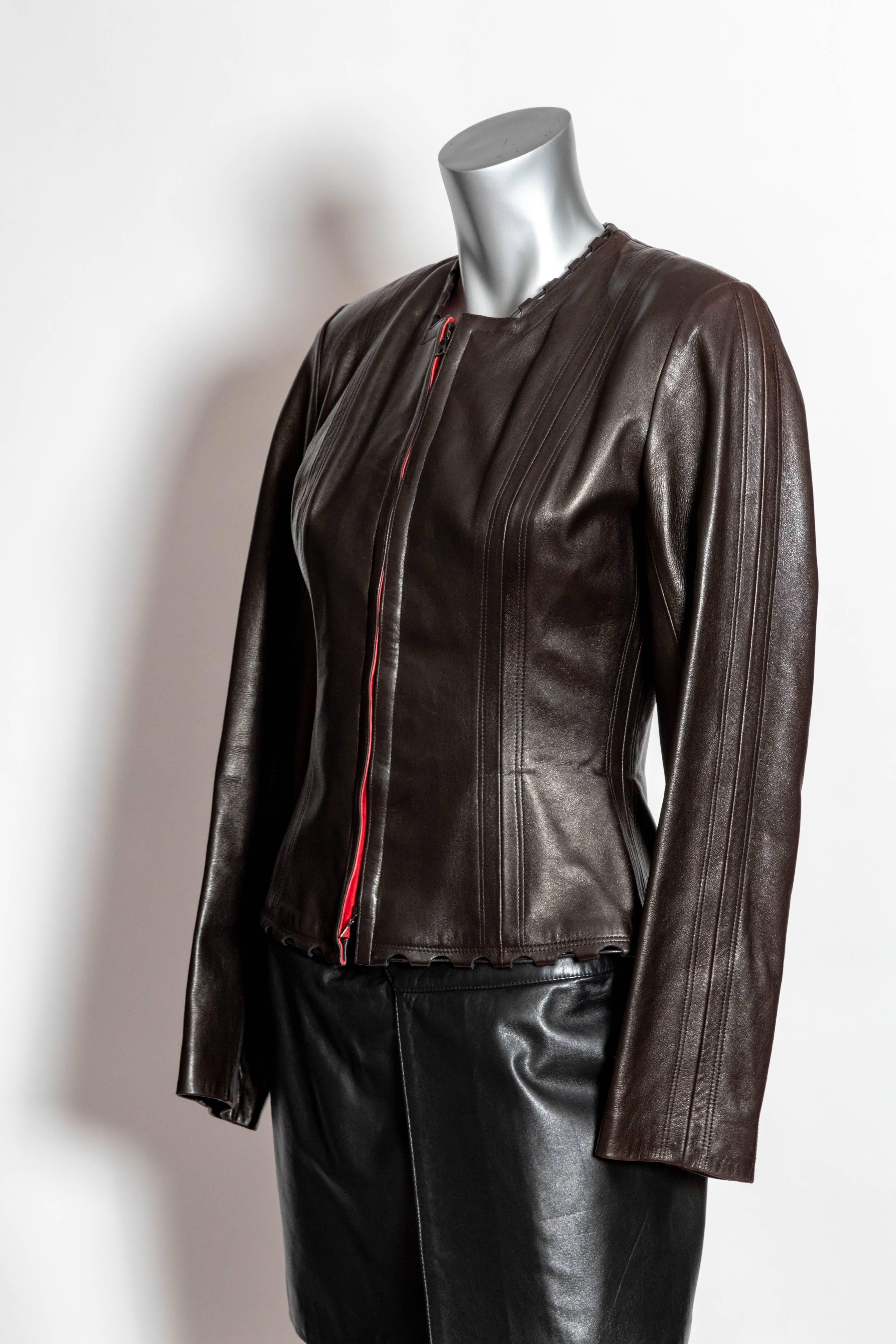 Women's or Men's Azzedine Alaia Vintage Brown Leather Jacket with Zip Closure - 40 / XS