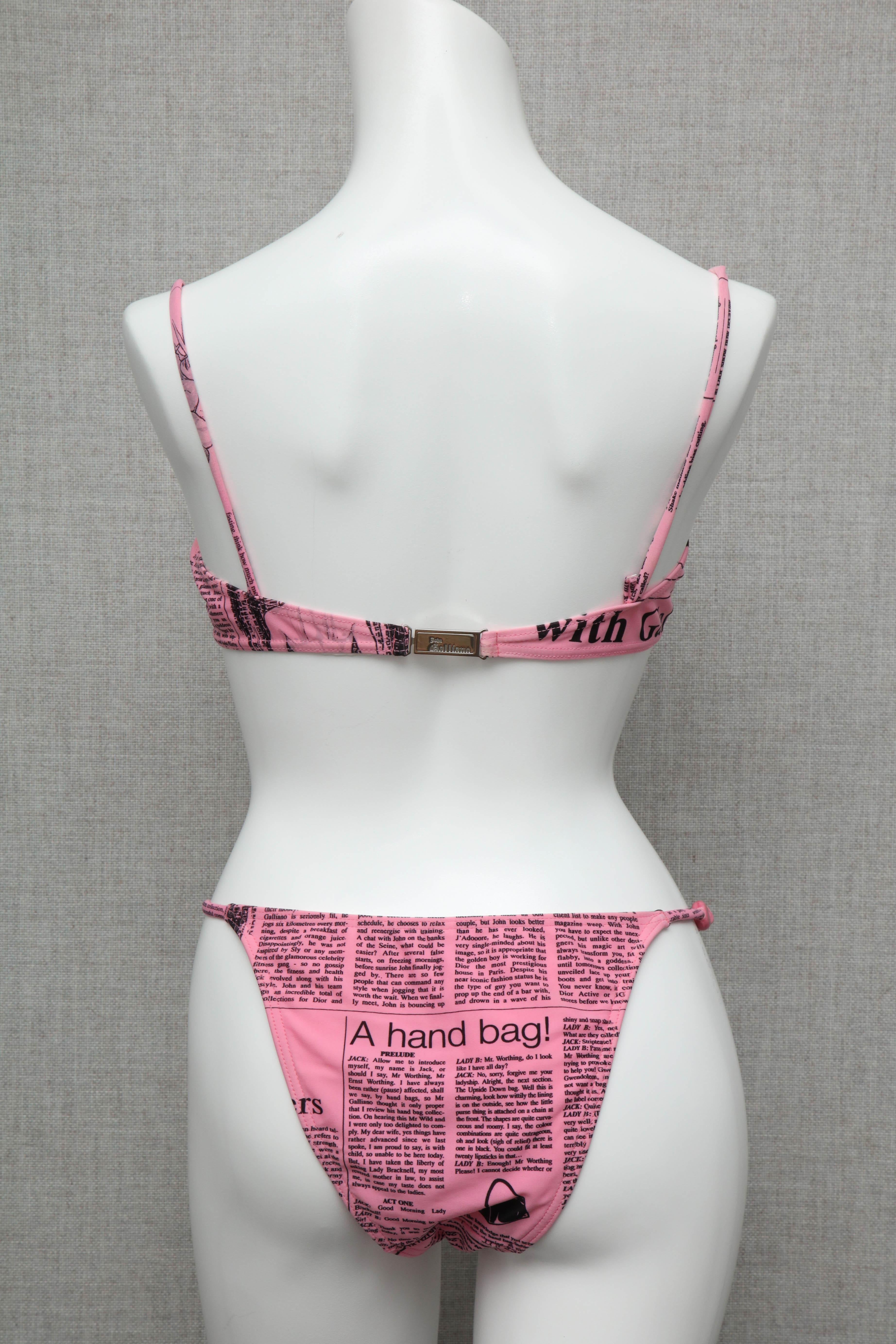 John Galliano Extremely Rare Iconic Pink Newspaper Print Bikini In Good Condition For Sale In Chicago, IL
