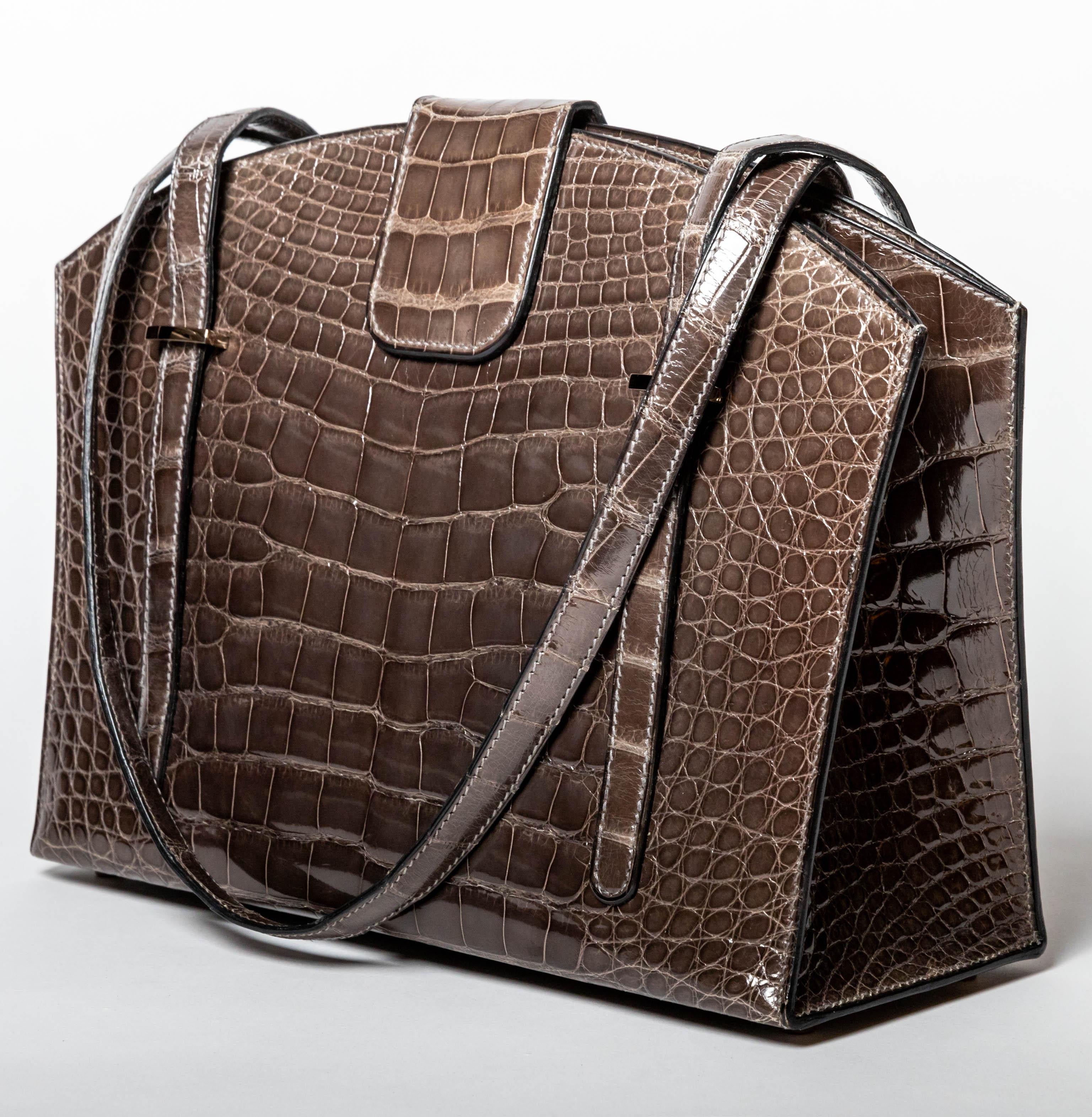 Black Hermes Lyn Alligator Handbag with Palladium Hardware