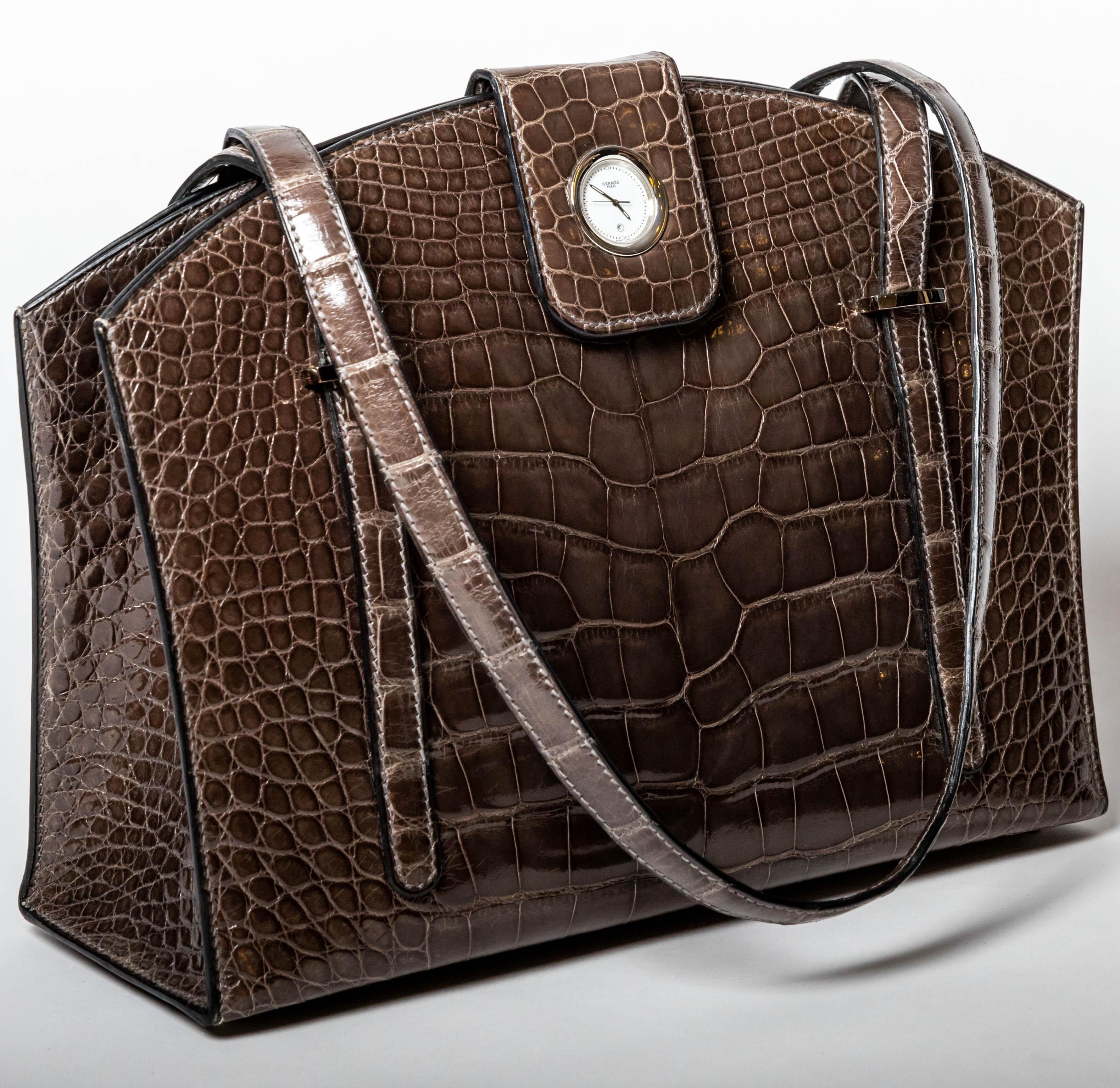 Hermes Lyn Alligator Handbag with Palladium Hardware In Excellent Condition In Westhampton Beach, NY