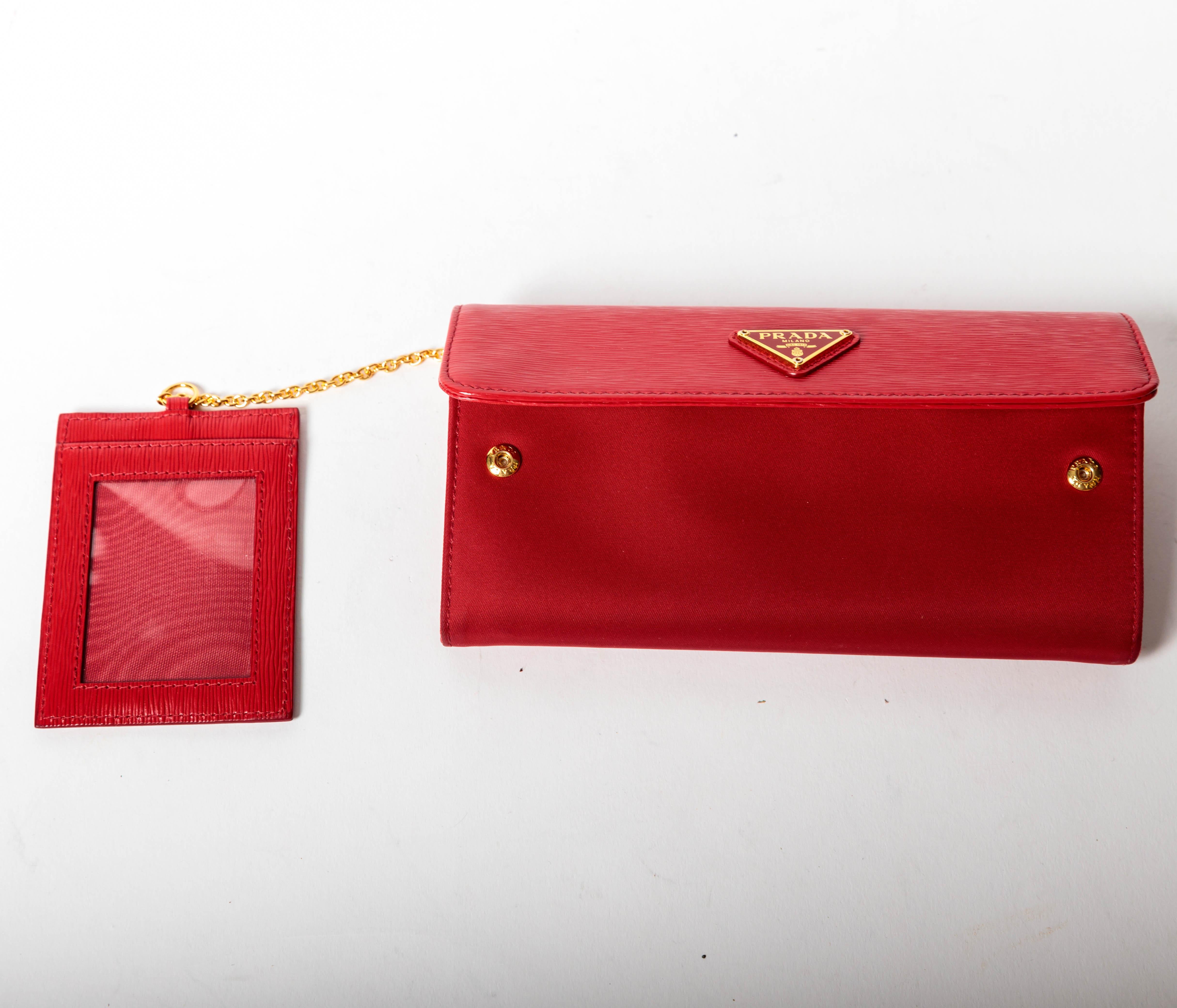 Prada Nylon and Leather Red Snap Long Wallet with Box In Good Condition For Sale In Westhampton Beach, NY