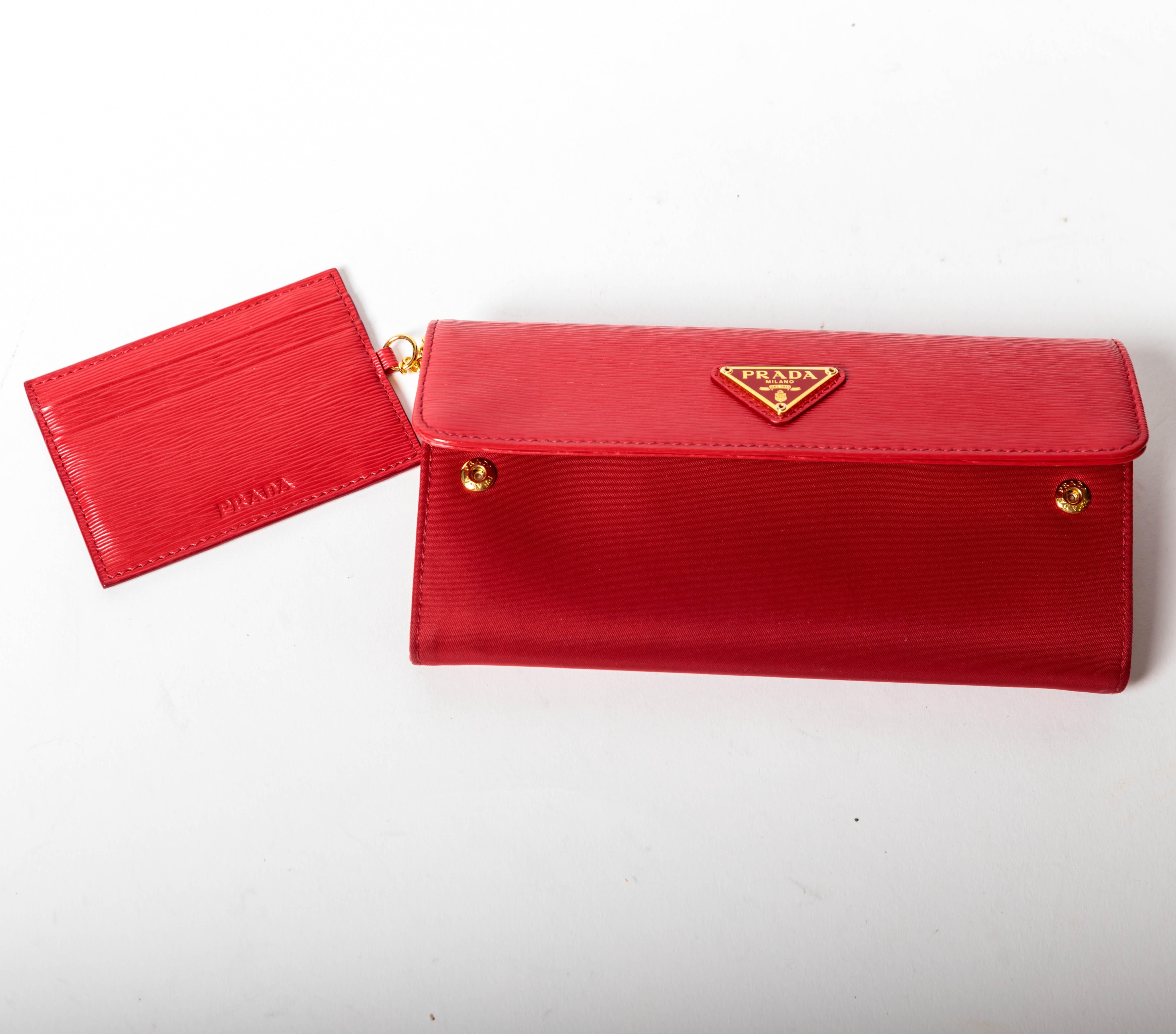 Women's or Men's Prada Nylon and Leather Red Snap Long Wallet with Box For Sale