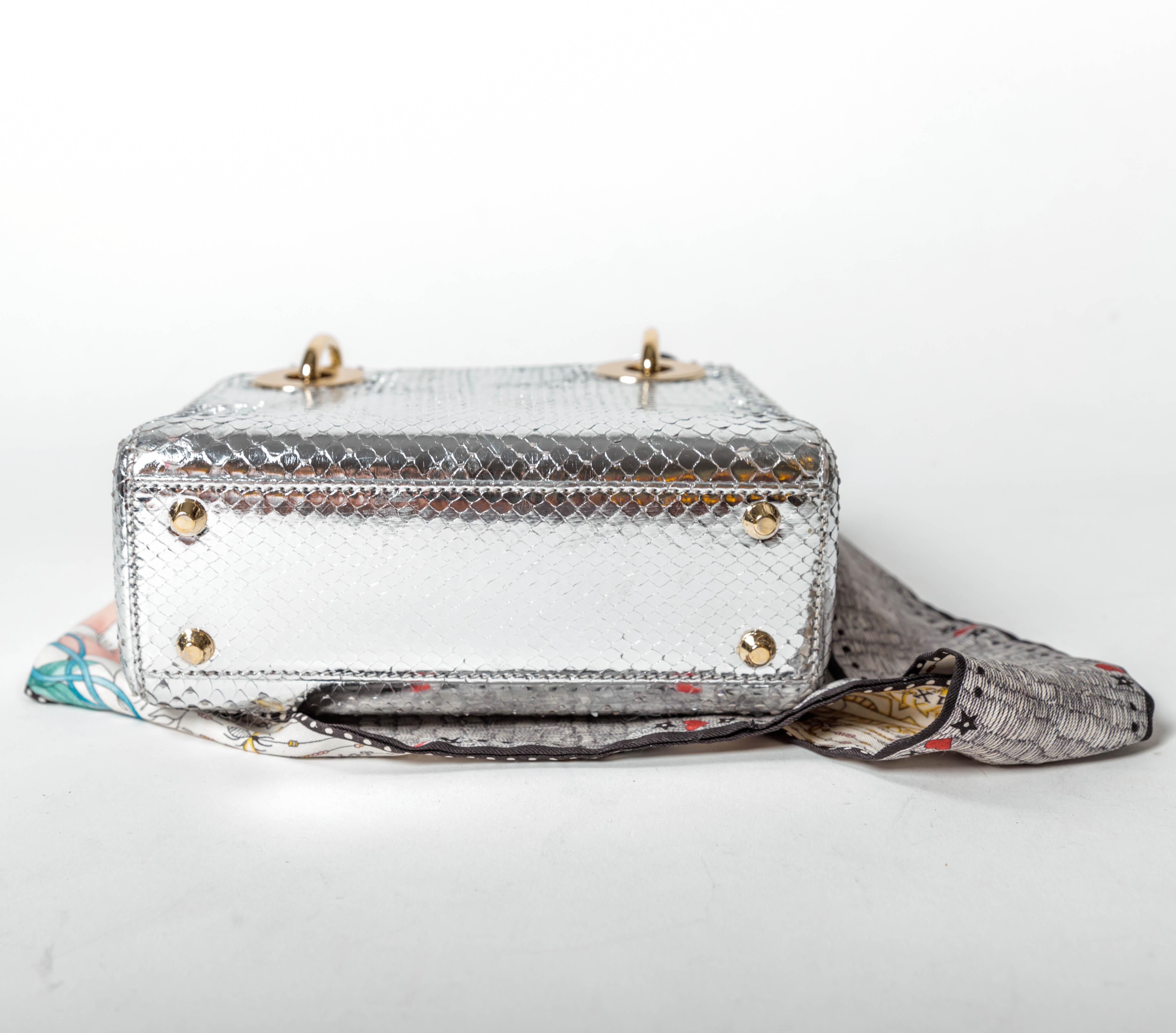 Christian Dior Silver Python Mini Lady Dior handbag with Silk Scarf In Excellent Condition For Sale In Westhampton Beach, NY