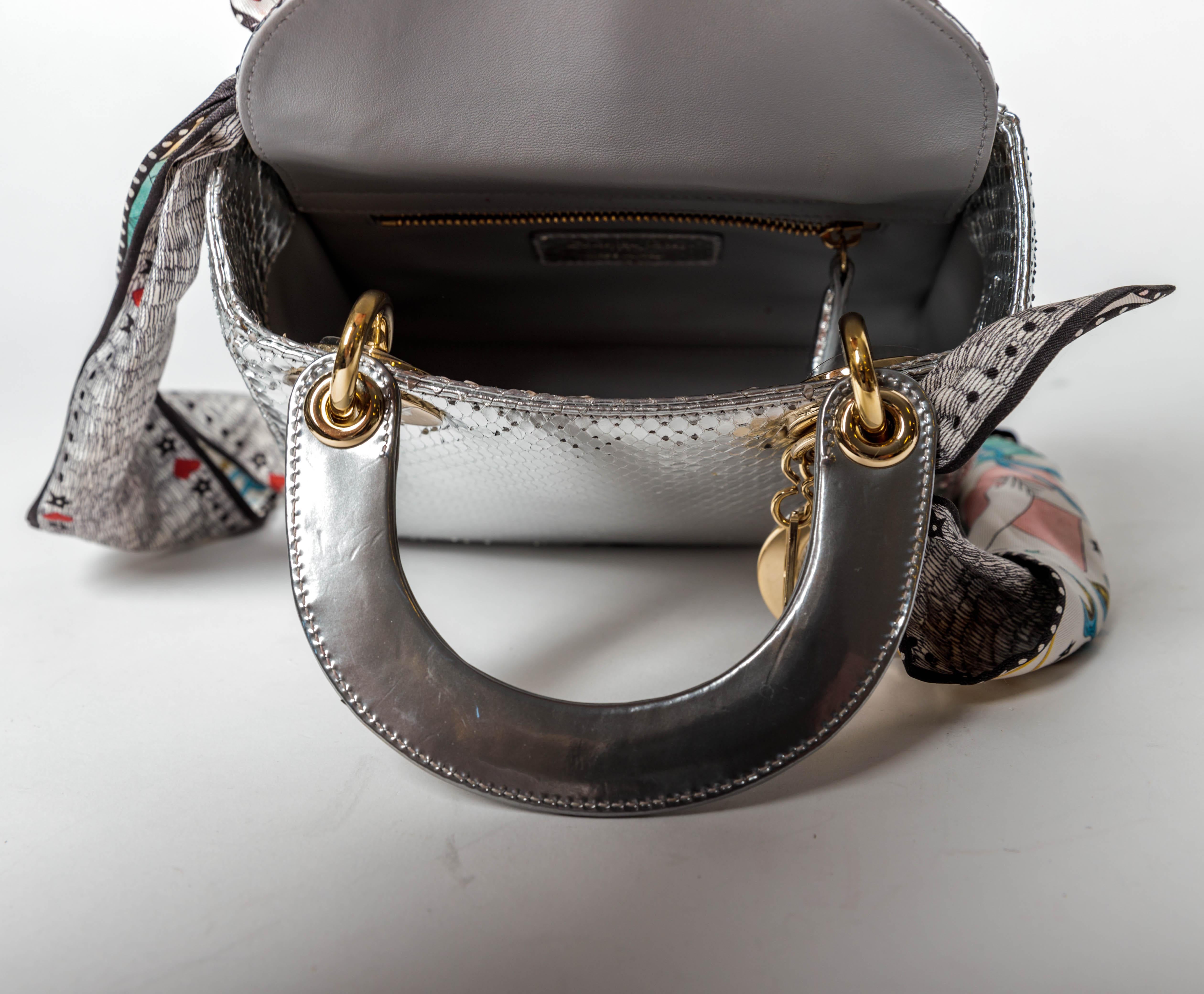 Women's Christian Dior Silver Python Mini Lady Dior handbag with Silk Scarf For Sale