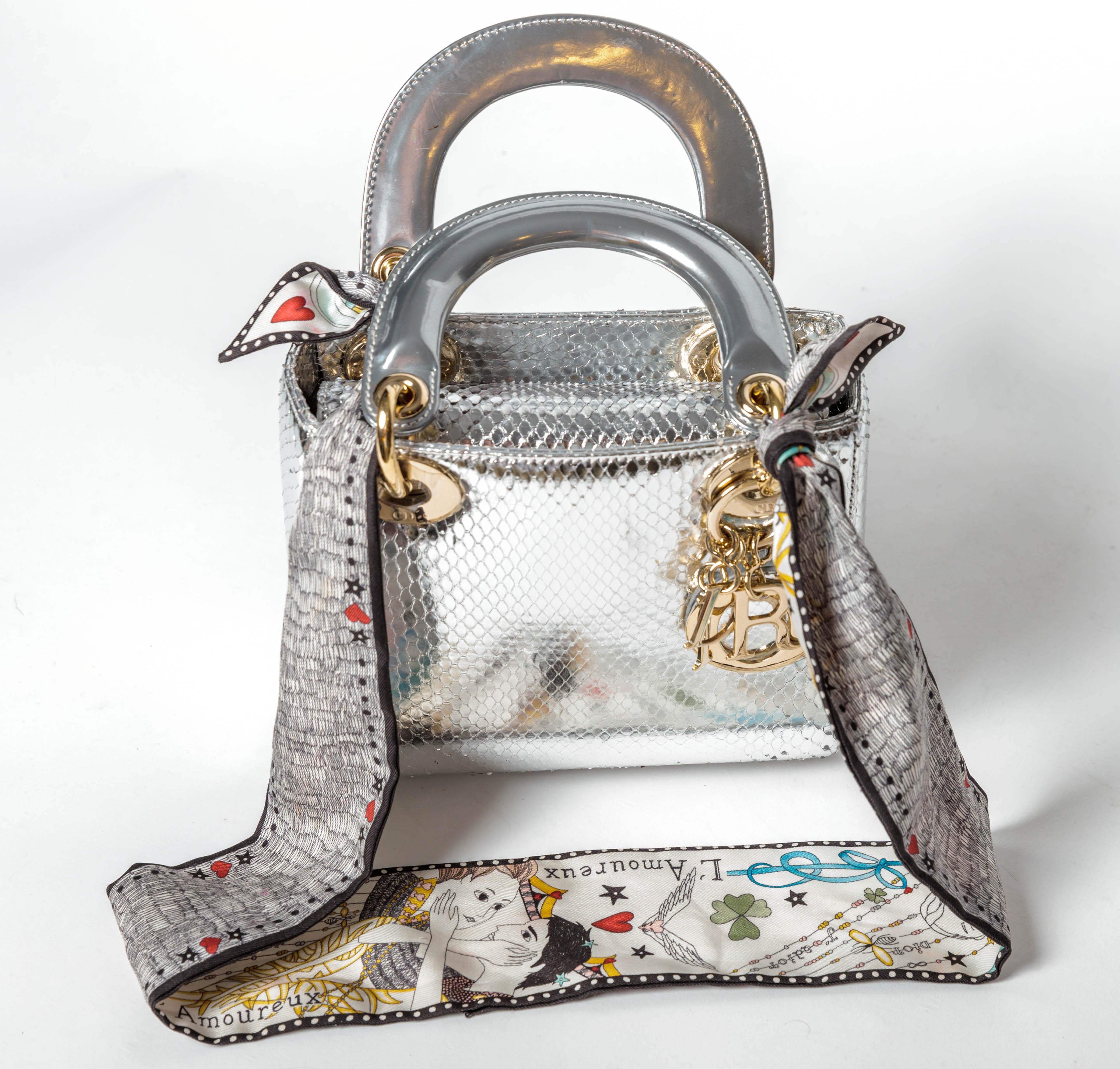 Christian Dior Silver Python Mini Lady Dior handbag with Silk Scarf For Sale 1