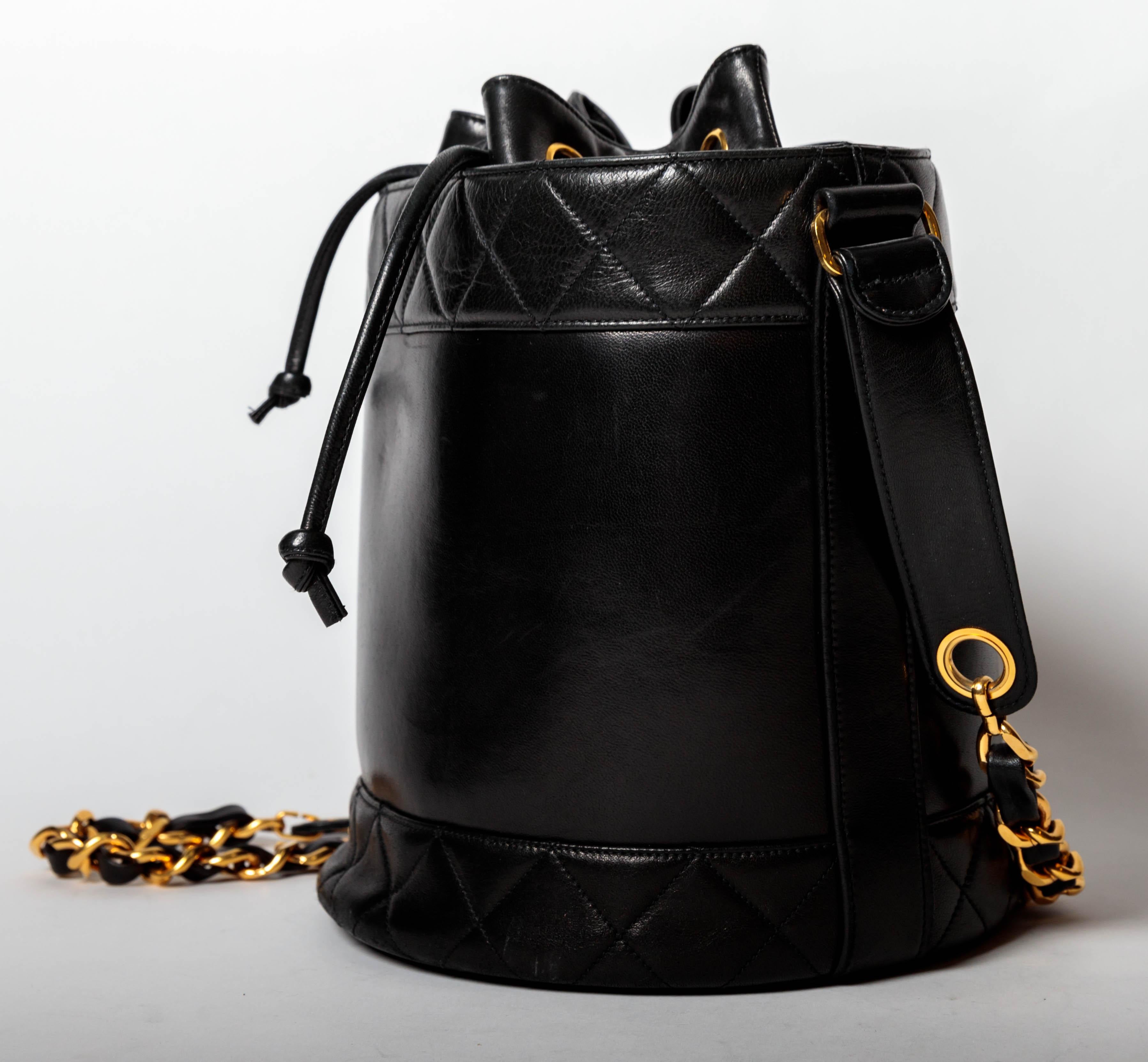 Chanel Black Lambskin Bucket Bag with Gold Hardware  In Excellent Condition For Sale In Westhampton Beach, NY