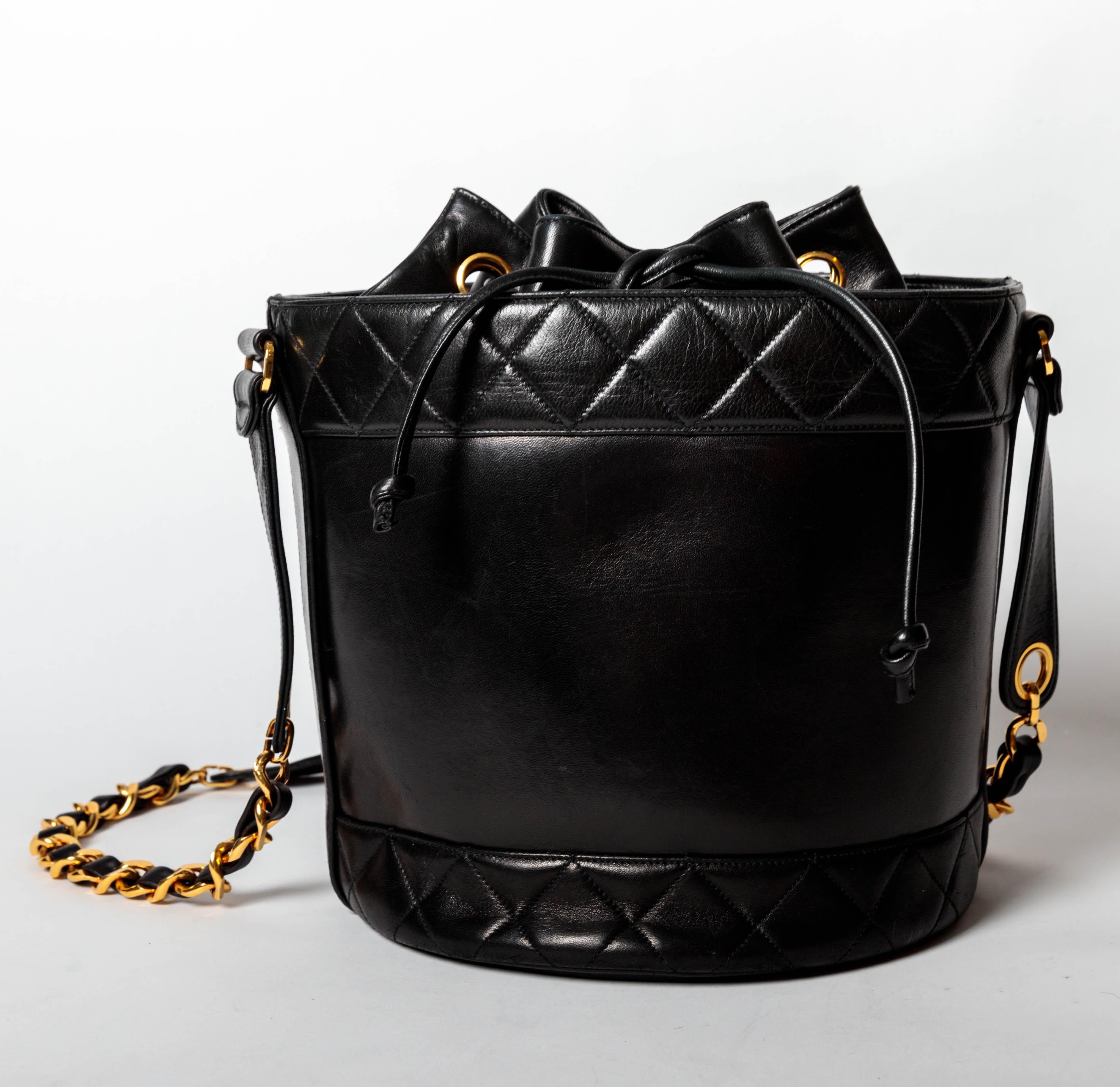 Women's or Men's Chanel Black Lambskin Bucket Bag with Gold Hardware  For Sale