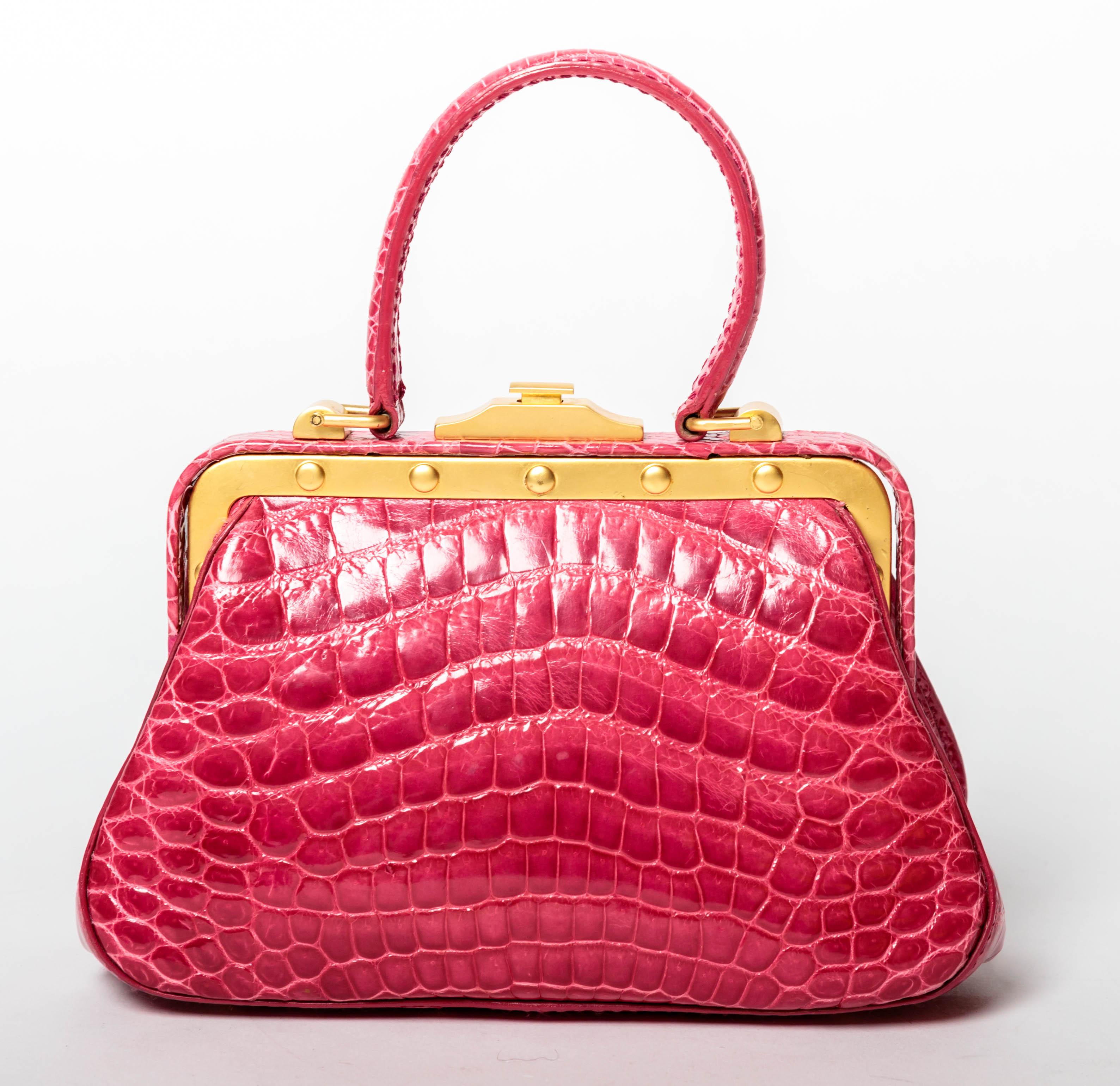 Red Suarez Genuine Crocodile Top Handle Handbag with Detachable Shoulder Strap