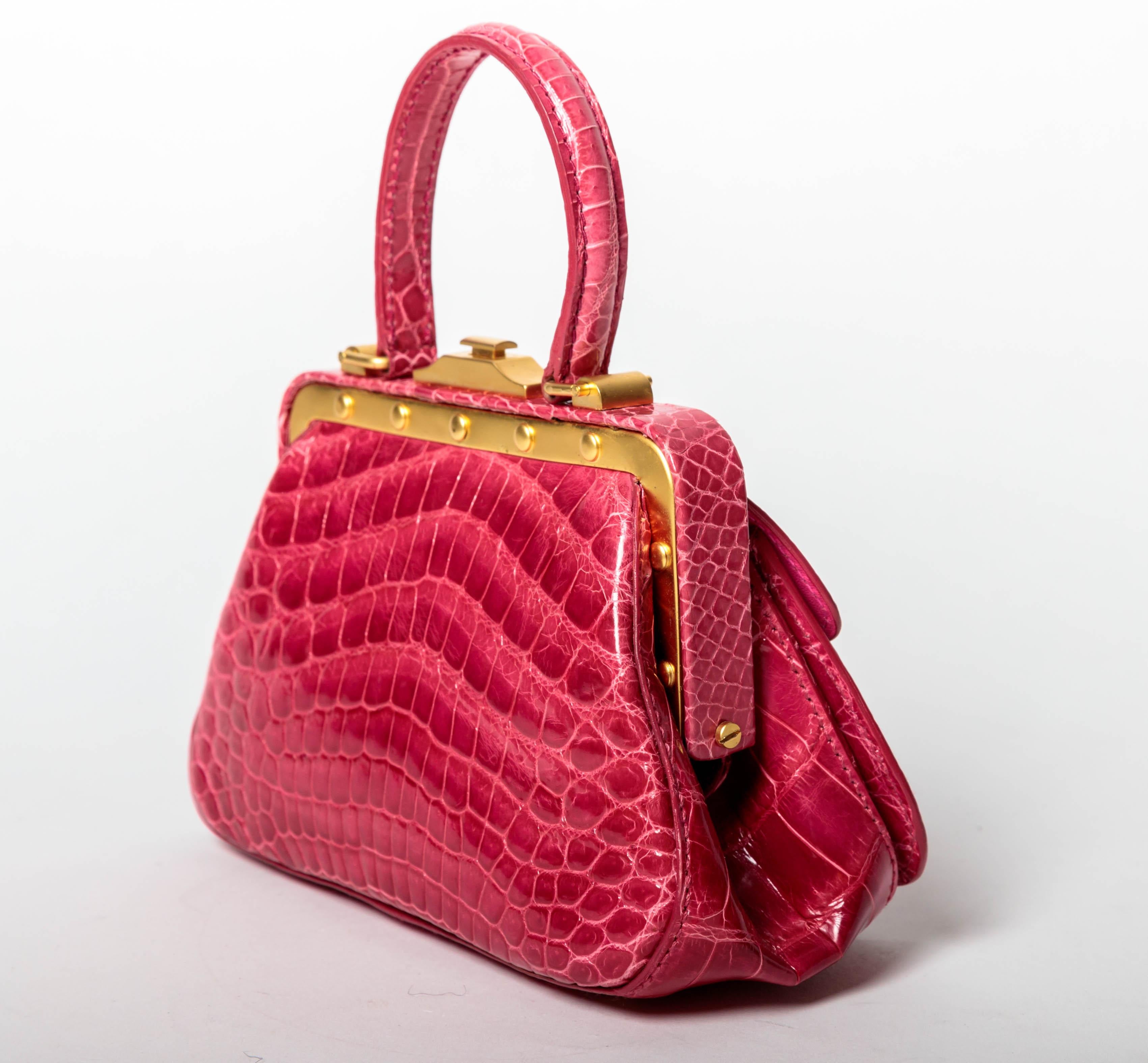 Suarez Genuine Crocodile Top Handle Handbag with Detachable Shoulder Strap In Excellent Condition In Westhampton Beach, NY