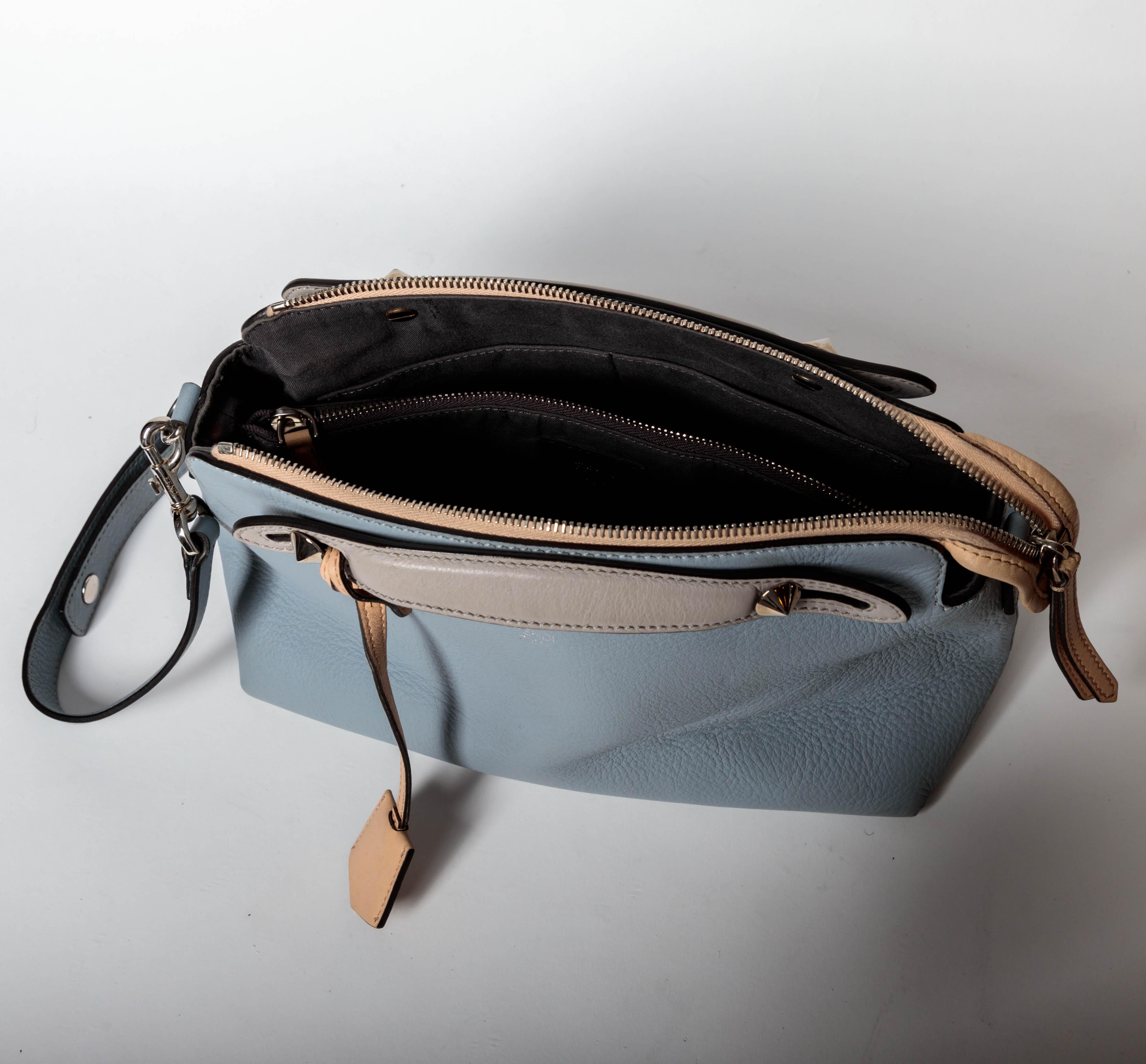 Fendi Top Handle Ice Blue Leather Bag with Detachable Shoulder Strap  For Sale 5