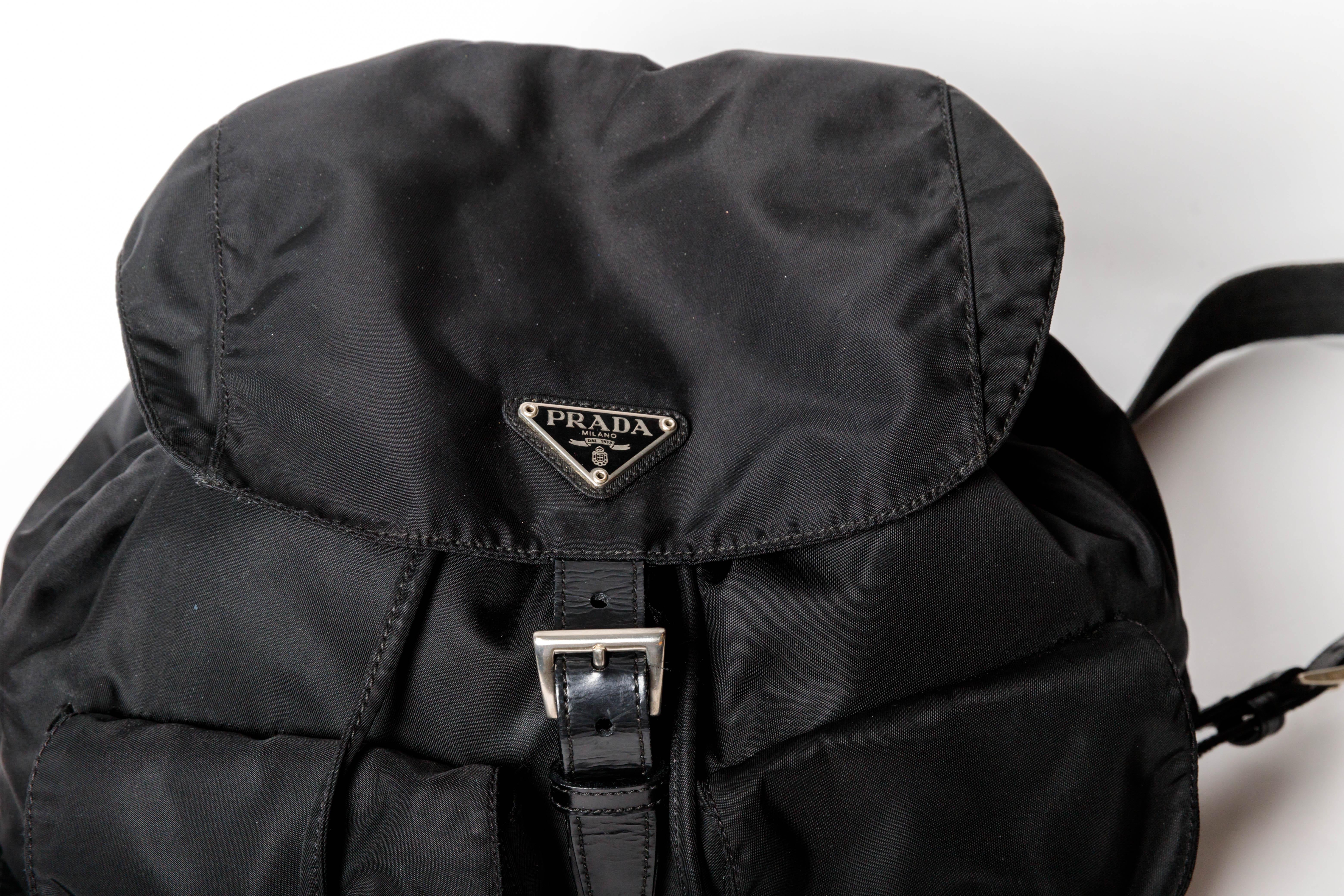 Prada Nylon Backpack with Leather Trim and Silver Buckles In Good Condition For Sale In Westhampton Beach, NY