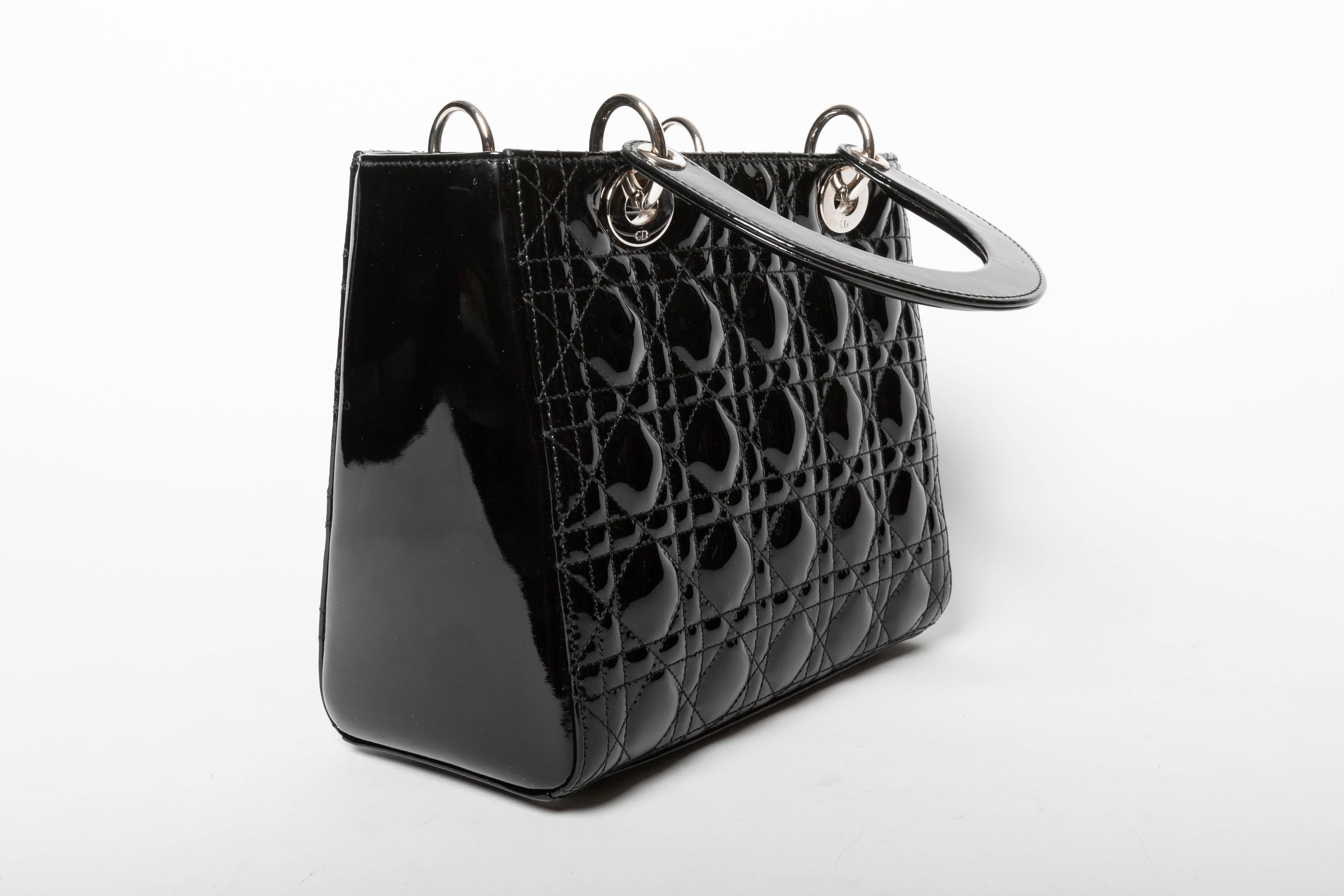 Lady Dior in Black Patent - Medium Size In Excellent Condition In Westhampton Beach, NY
