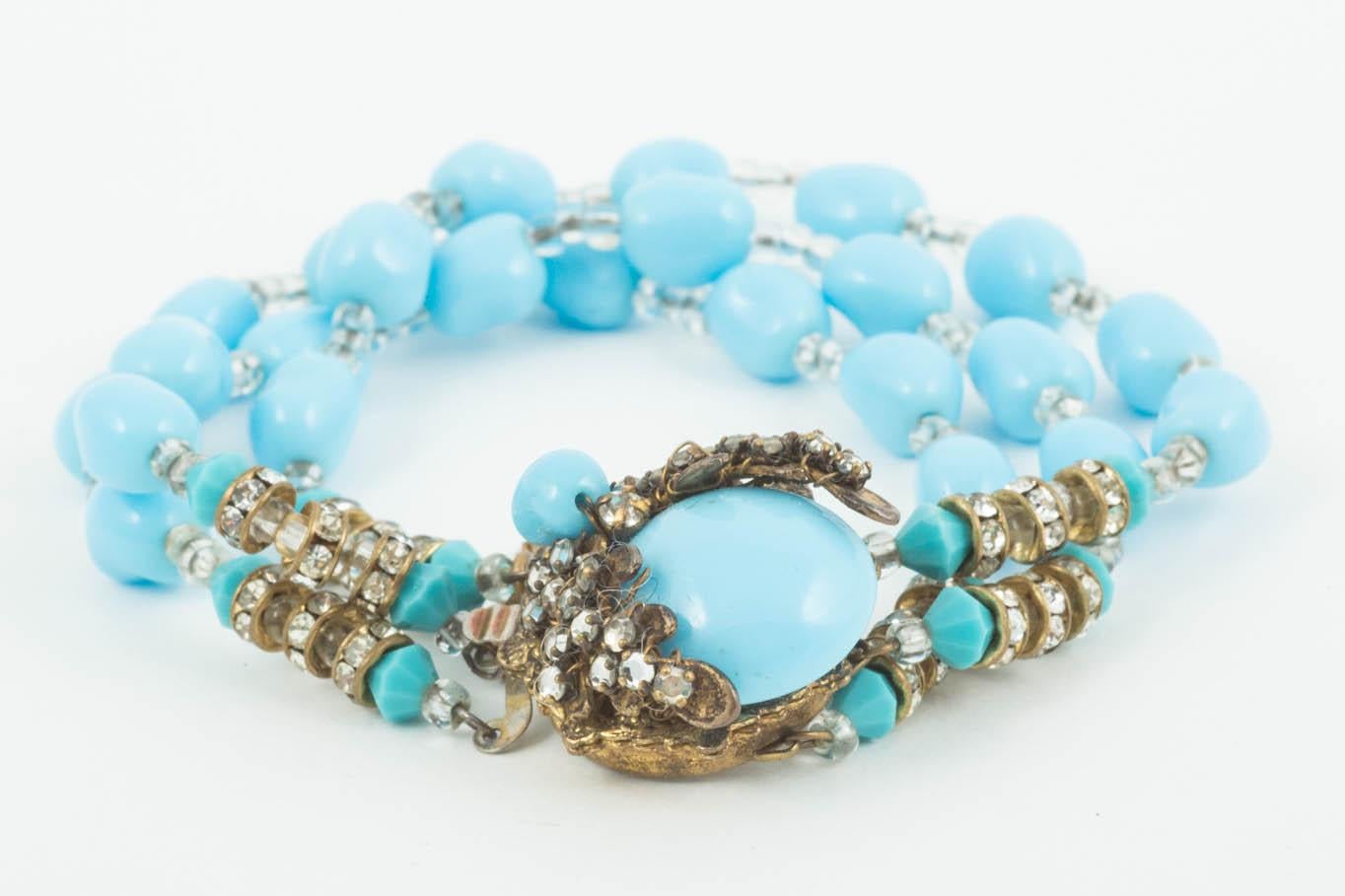 Turquoise glass and paste 3 row bracelet, Miriam Haskell, late 1950s In Good Condition In Greyabbey, County Down