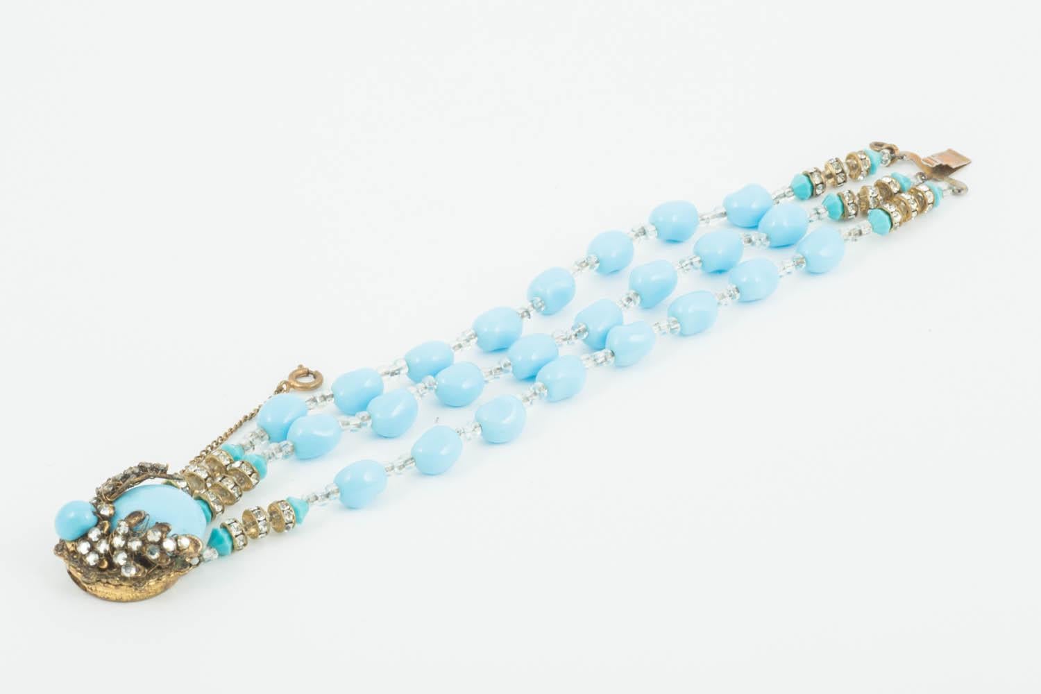 Women's Turquoise glass and paste 3 row bracelet, Miriam Haskell, late 1950s