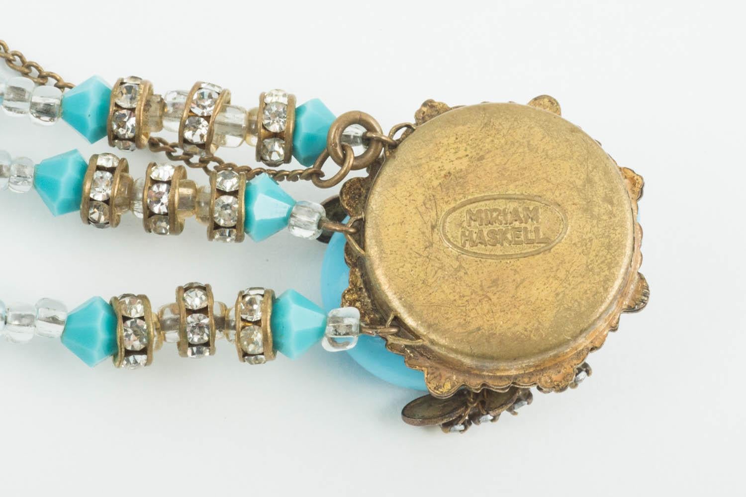 Turquoise glass and paste 3 row bracelet, Miriam Haskell, late 1950s 4