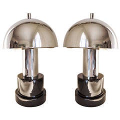 Pair of American 1960s Chrome and Black High-Glaze Ceramic Based Table Lamps 5