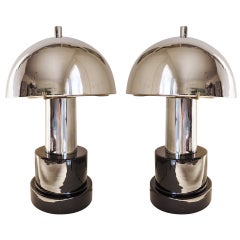 Pair of American 1960s Chrome and Black High-Glaze Ceramic Based Table Lamps