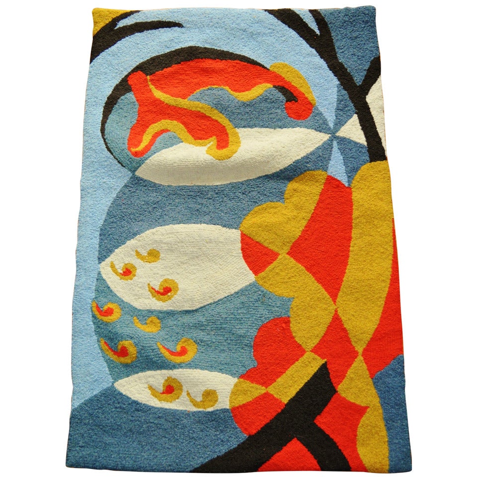 Stunning American Art Deco Geometric Abstract Aquarium Hooked Wool and Rag Rug.