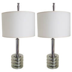 Pair of American Art Deco Chrome and Glass Table or Console Lamps