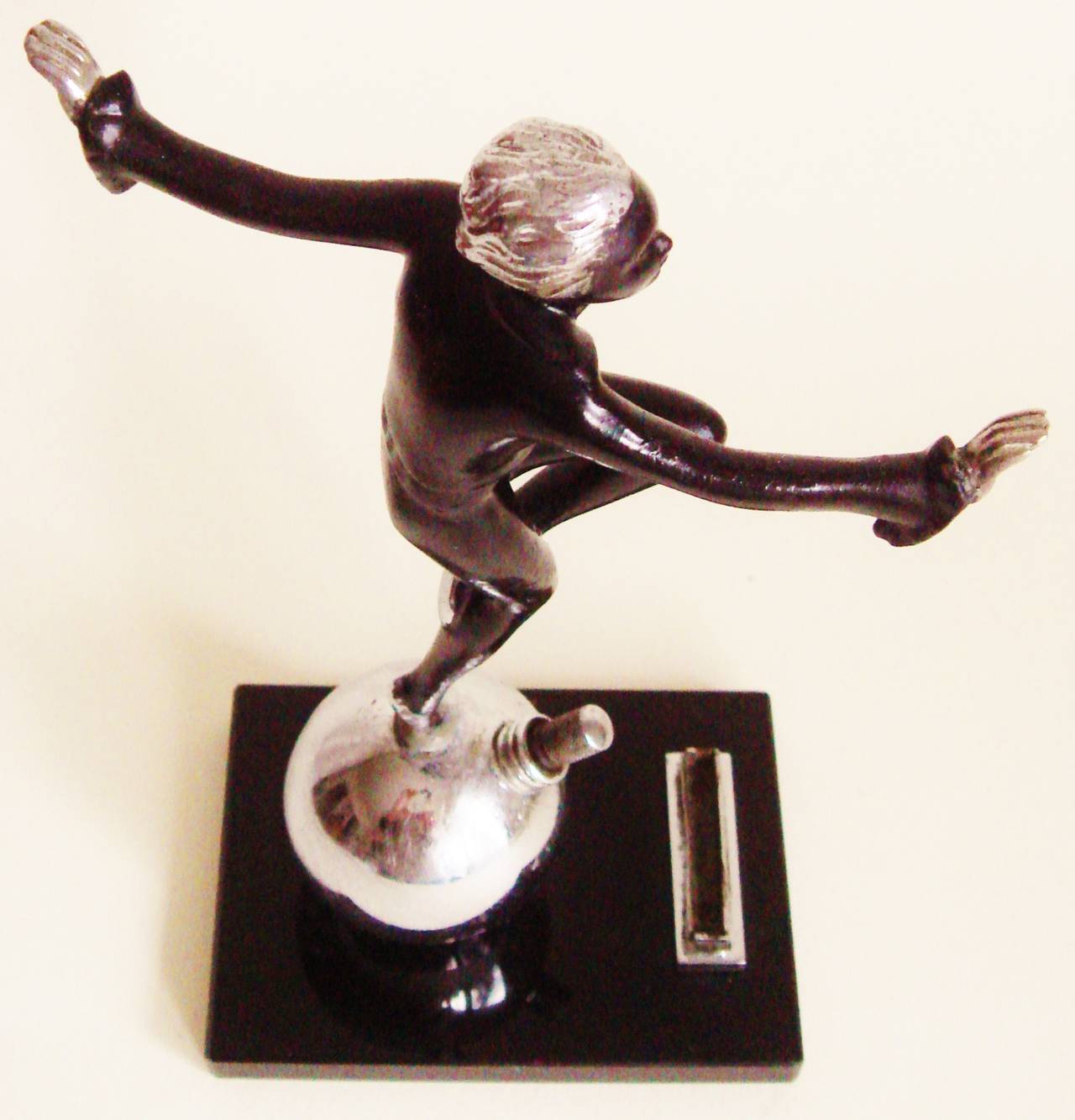 Chrome Rare English Art Deco Figural Striker Table Lighter Attributed to Lorenzl