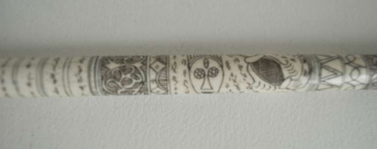 Indonesian Batak Incised Bone Walking Cane or Stick with Bone Handle and Ferrule.