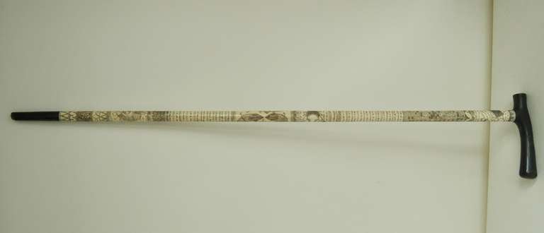 Tribal Batak Incised Bone Walking Cane or Stick with Bone Handle and Ferrule.