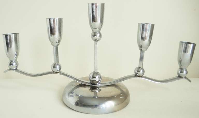 Art Deco German Set of Three Chrome Plated Metal Multi-Branch Dining Table Candle Holders For Sale