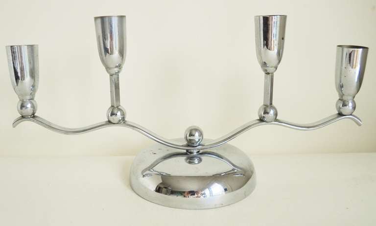 German Set of Three Chrome Plated Metal Multi-Branch Dining Table Candle Holders In Excellent Condition For Sale In Port Hope, ON