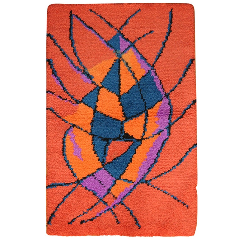 American MidCentury Abstract Brutalist Signed Hooked Rug by JoJo. For