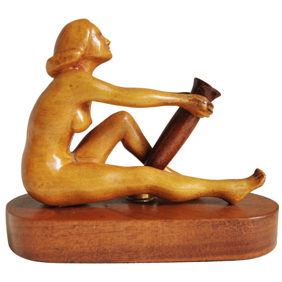 American Carved Wooden Outsider Art Nude Figurative Desktop Pen Holder For Sale