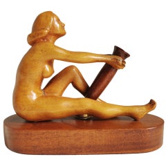 American Carved Wooden Outsider Art Nude Figurative Desktop Pen Holder