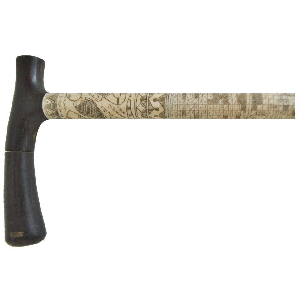 Batak Incised Bone Walking Cane or Stick with Bone Handle and Ferrule.