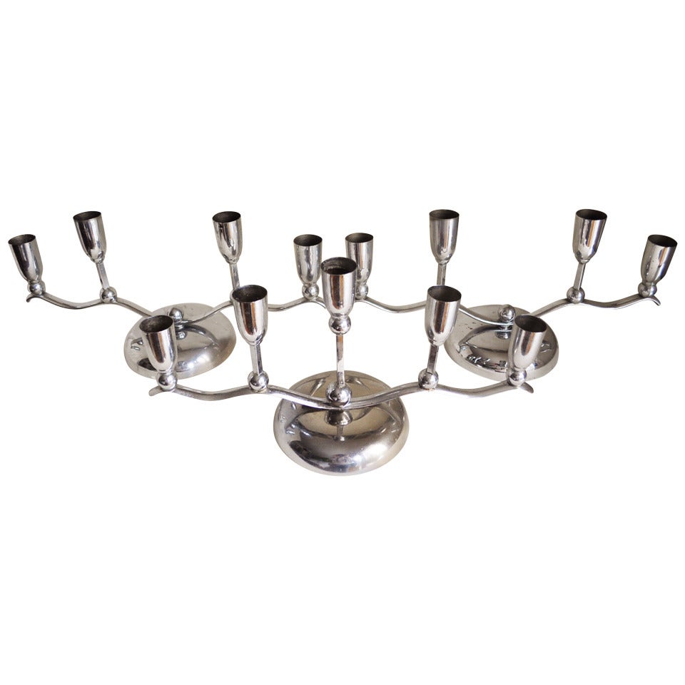 German Set of Three Chrome Plated Metal Multi-Branch Dining Table Candle Holders For Sale