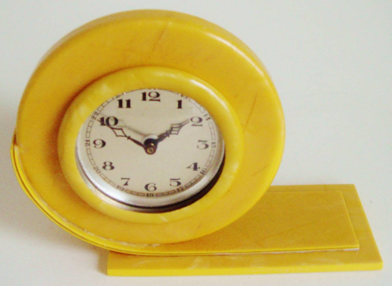 Tiny Perfect English Art Deco Pearlescent Yellow Celluloid Shelf Clock 2