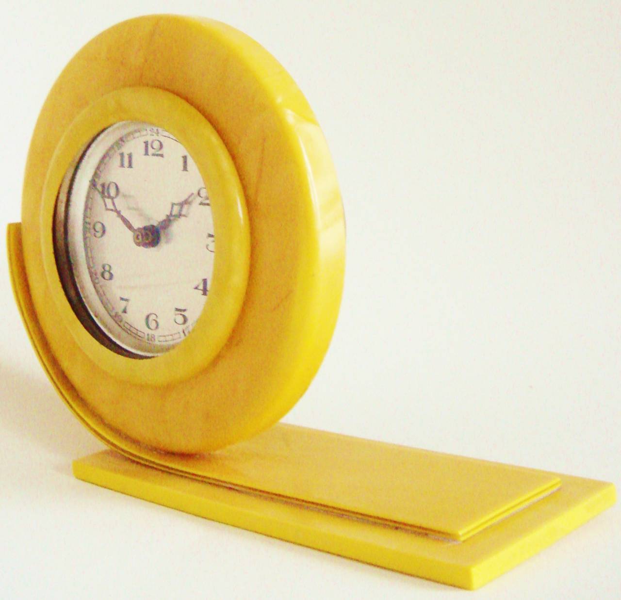 Celadon Tiny Perfect English Art Deco Pearlescent Yellow Celluloid Shelf Clock