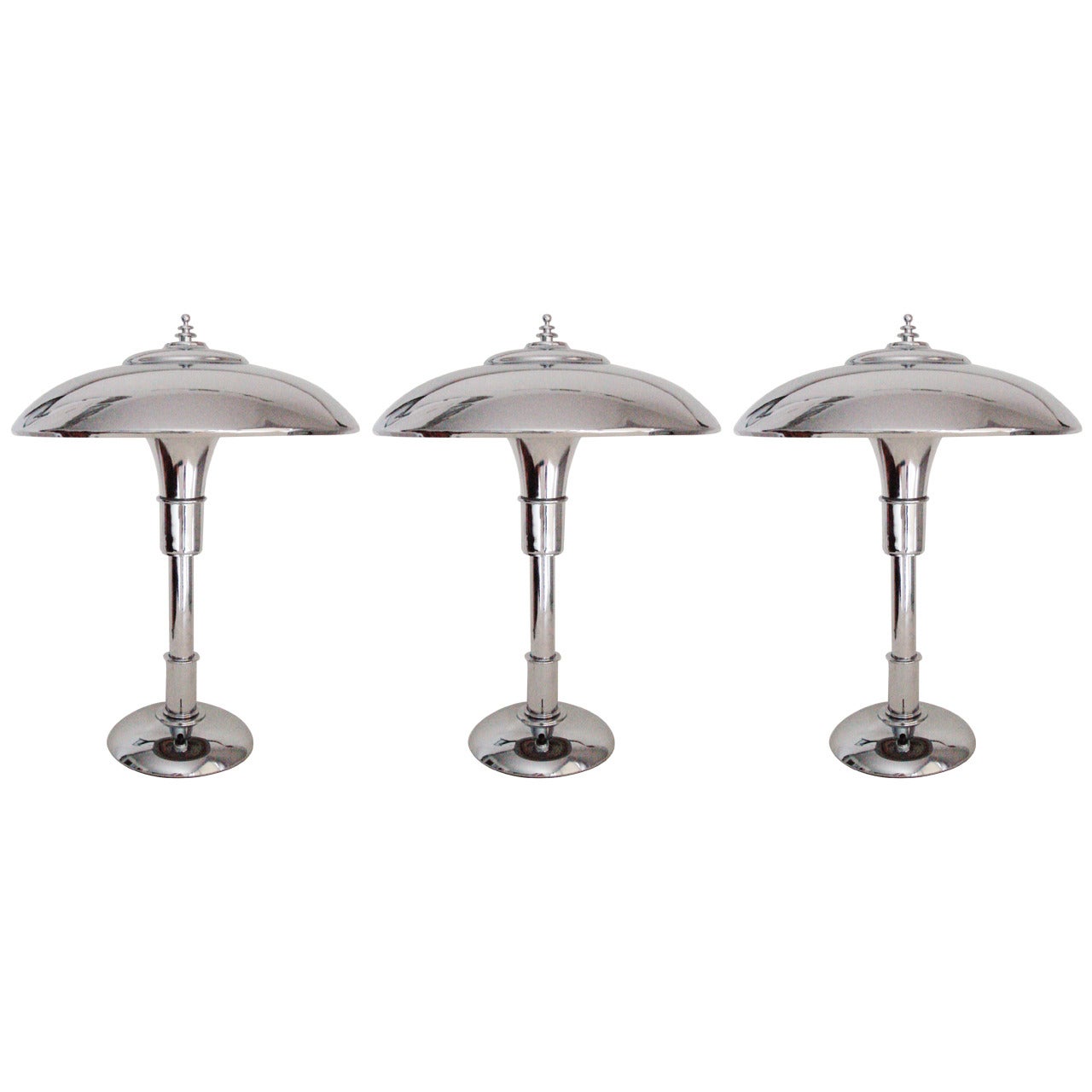 Three Iconic American Art Deco Chrome Plated Guardsman Junior Lamps by Faries