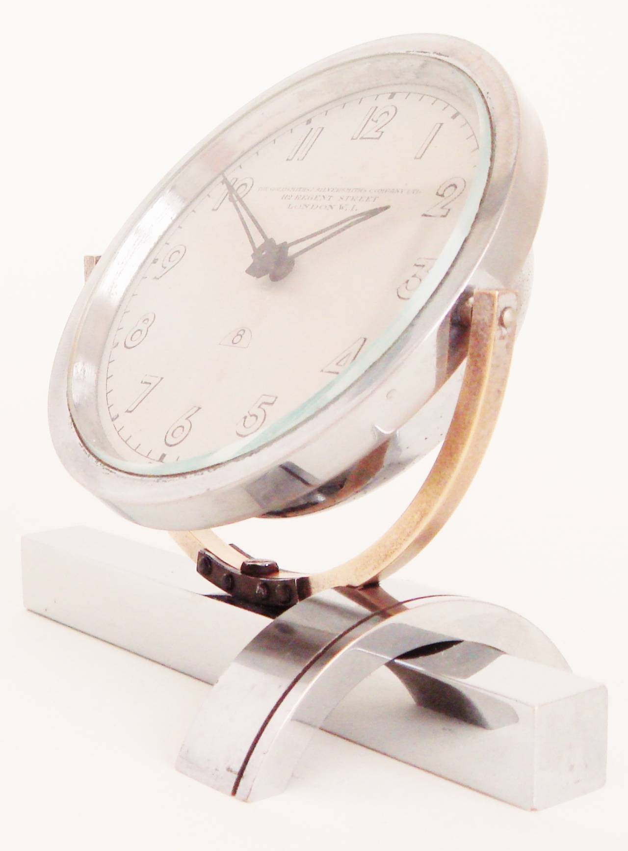 English Art Deco Asymmetrical Chrome and Brass, Mechanical Tilt Shelf Clock For Sale 2
