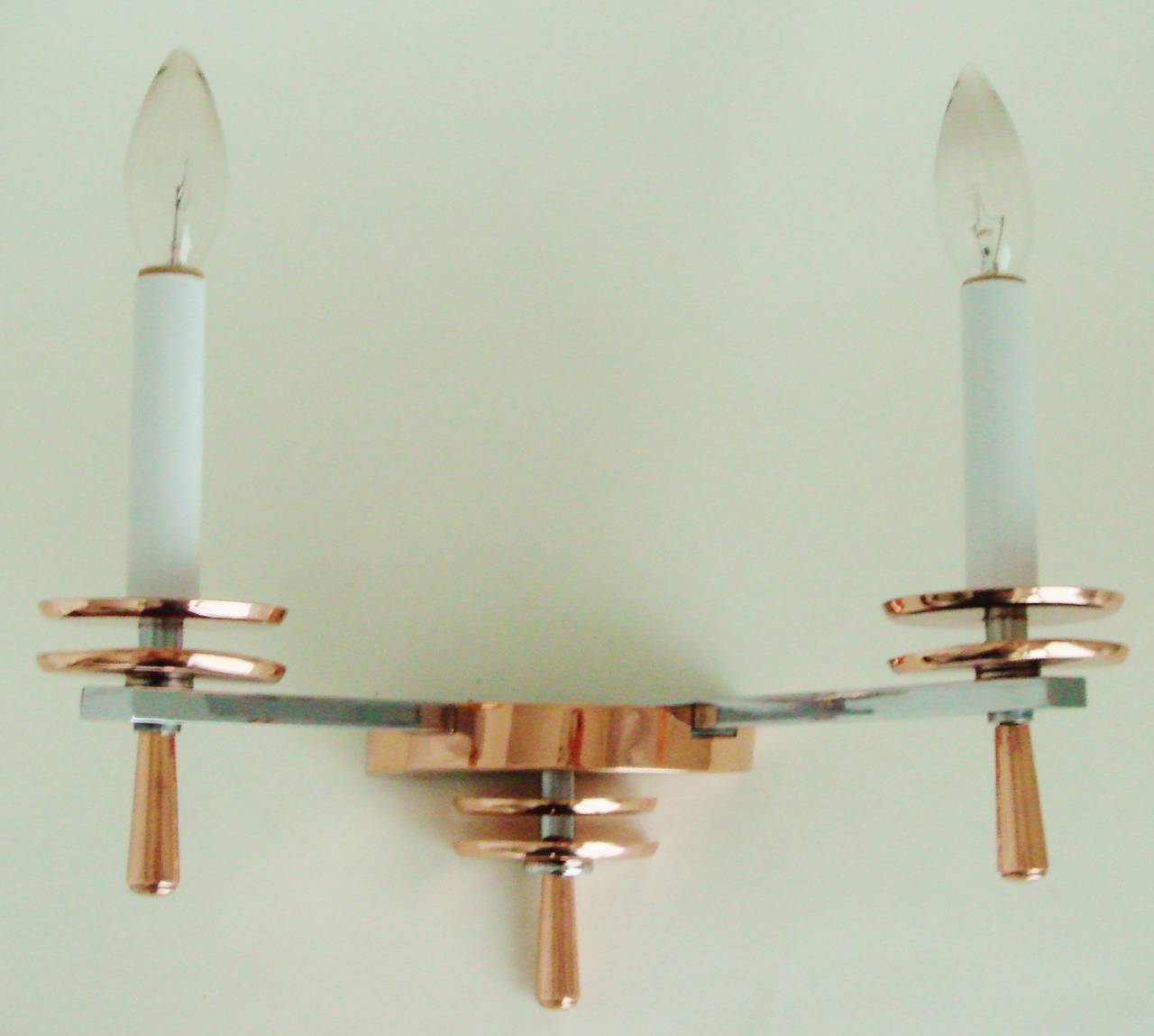 Pair of French Art Deco Chrome and Copper Twin Faux Candle Wall Sconces 3