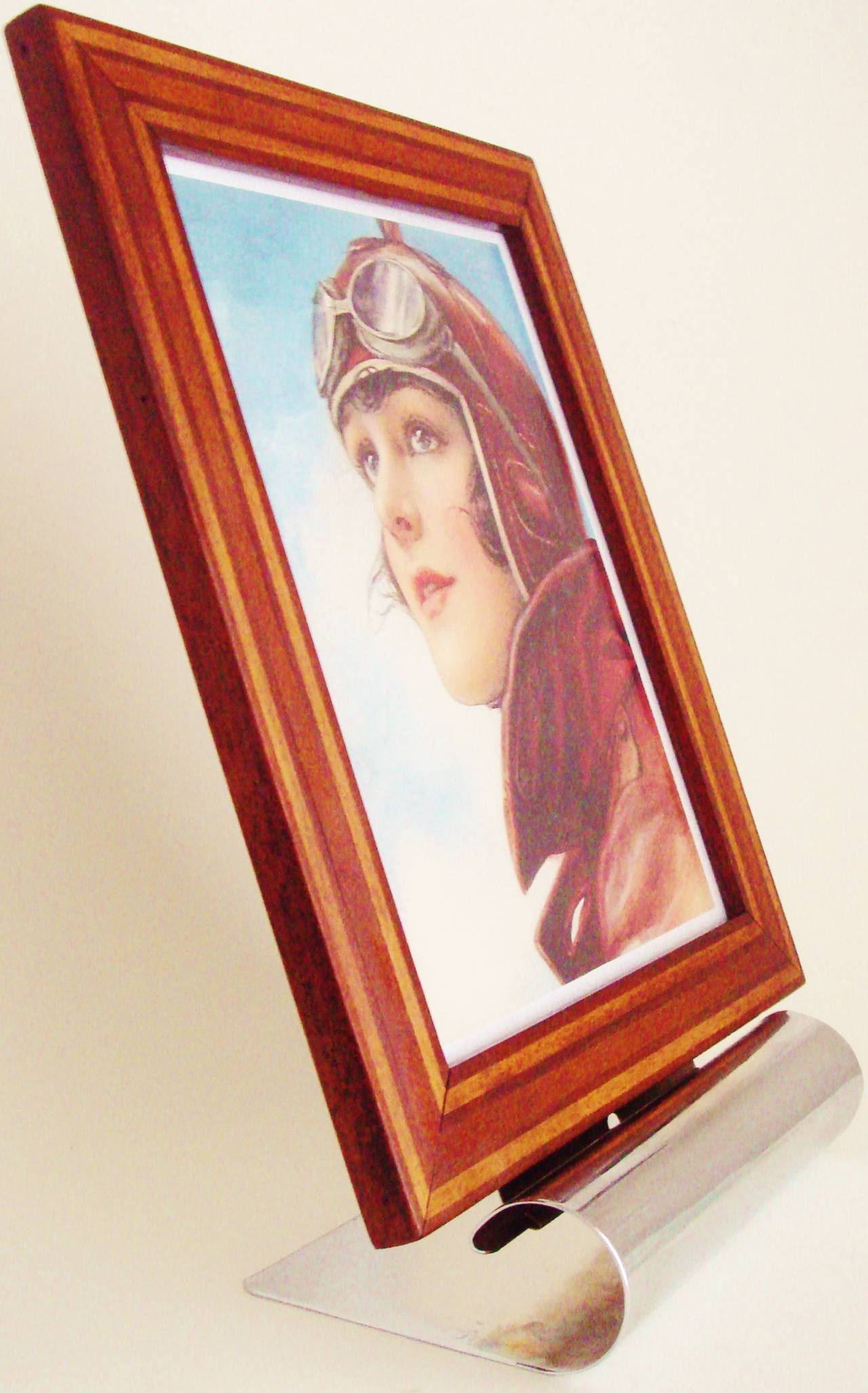 Pair of American Art Deco Banded Wood Picture Frames with Chrome Scroll Bases