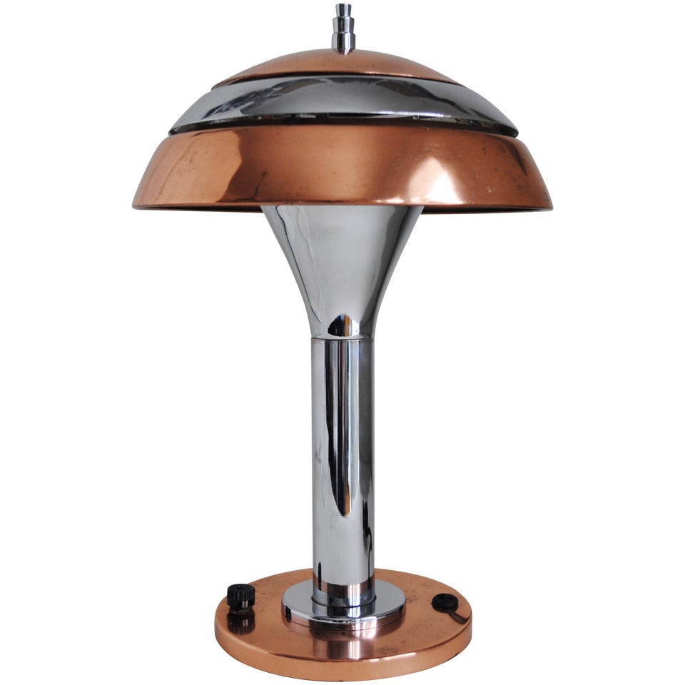 American Art Deco Small Chrome and Copper Plated Table Lamp with Striated/Segmented Shade.