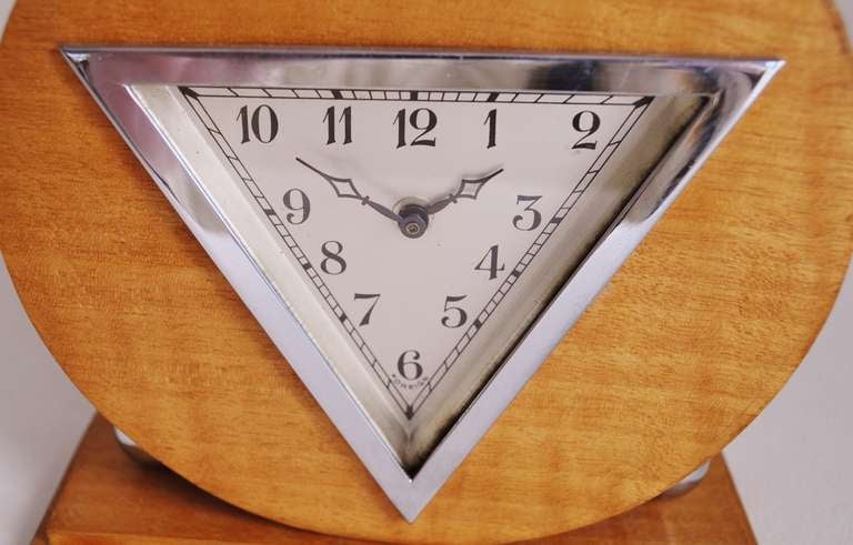 German Art Deco Chrome and Striped Blonde Veneer Mechanical Table Clock 1