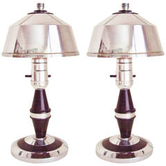 Rare Pair of American Art Deco or Machine Age Chrome and Black Boudoir Lamps 4