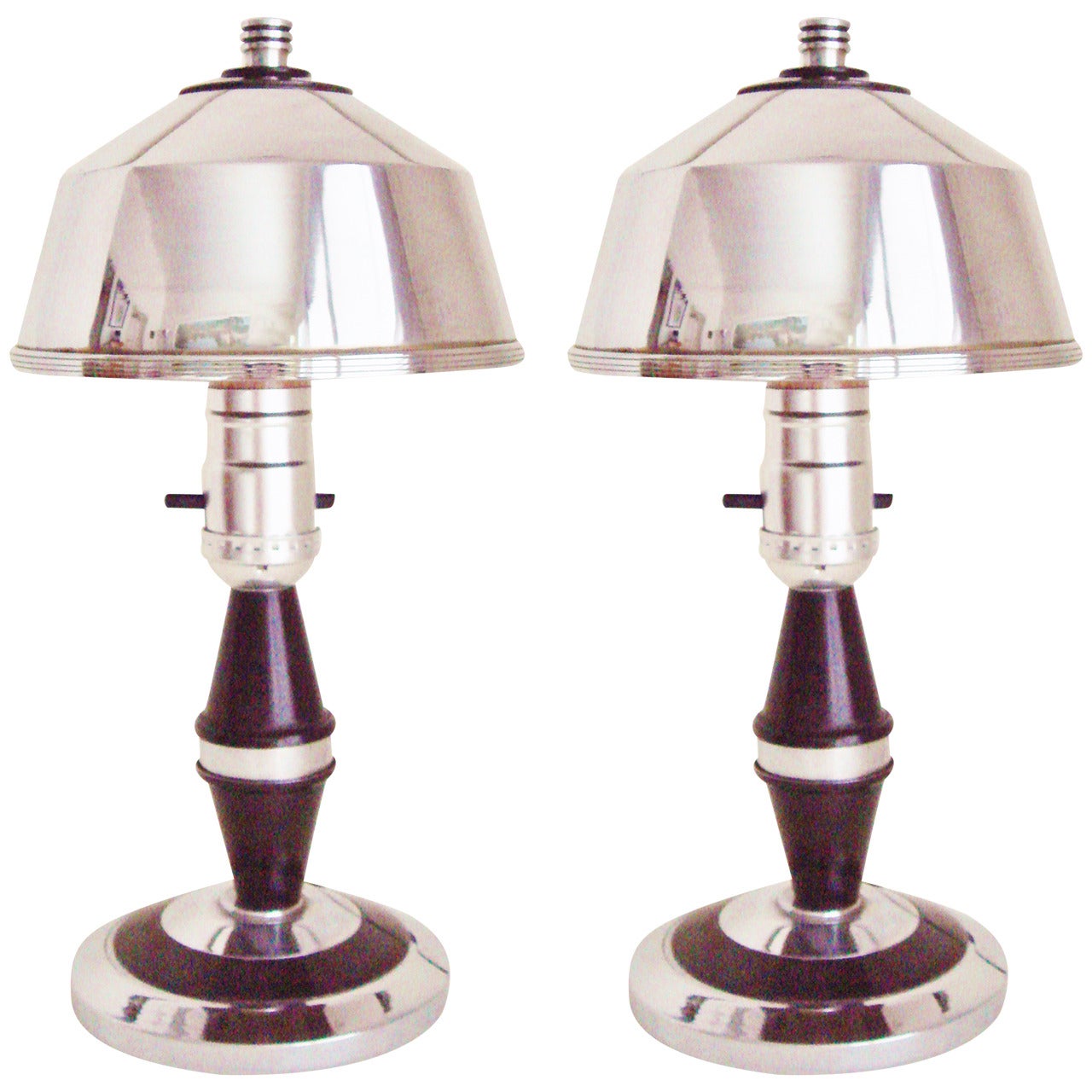 Rare Pair of American Art Deco or Machine Age Chrome and Black Boudoir Lamps