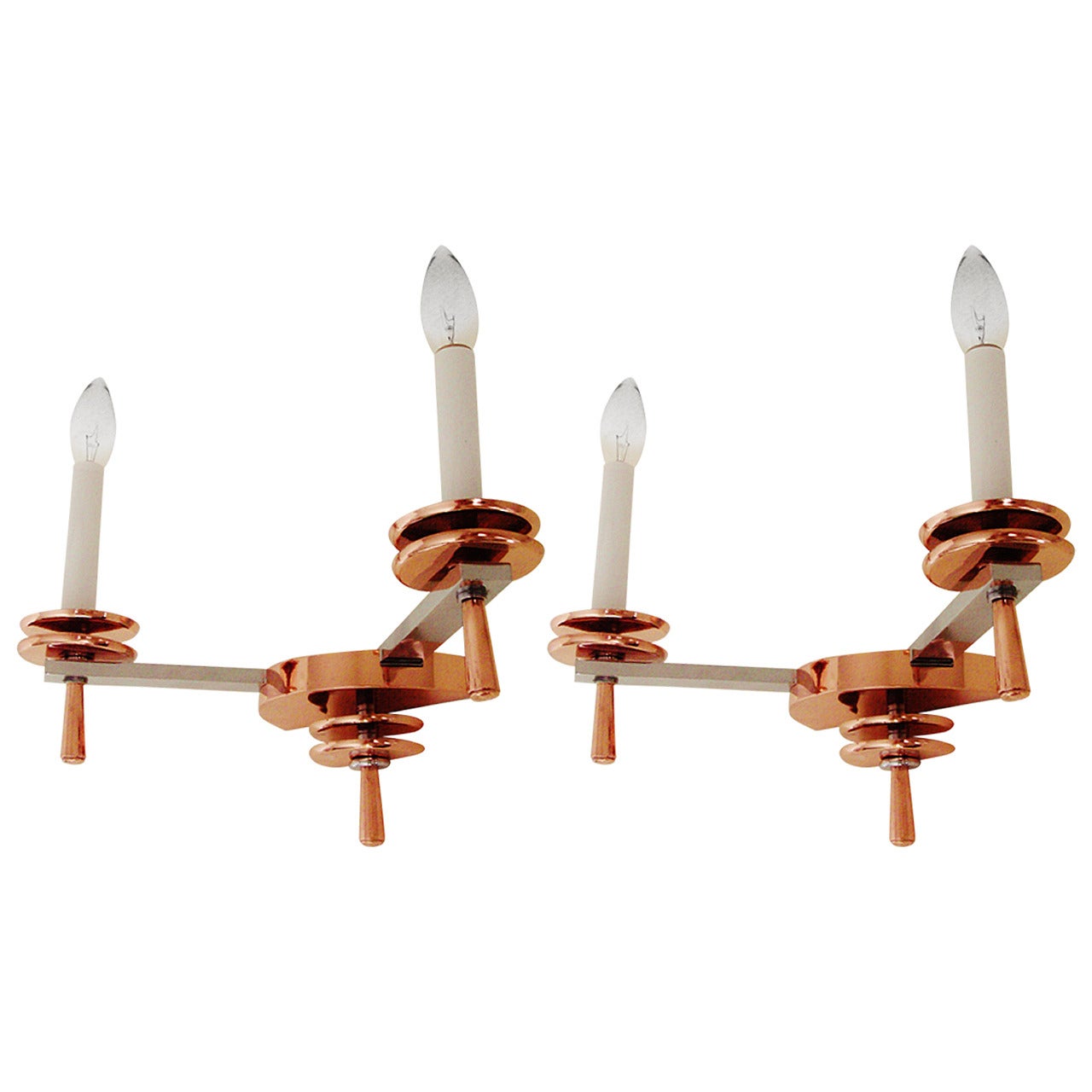 Pair of French Art Deco Chrome and Copper Twin Faux Candle Wall Sconces