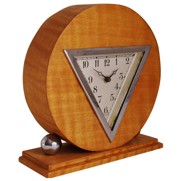 German Art Deco Chrome and Striped Blonde Veneer Mechanical Table Clock